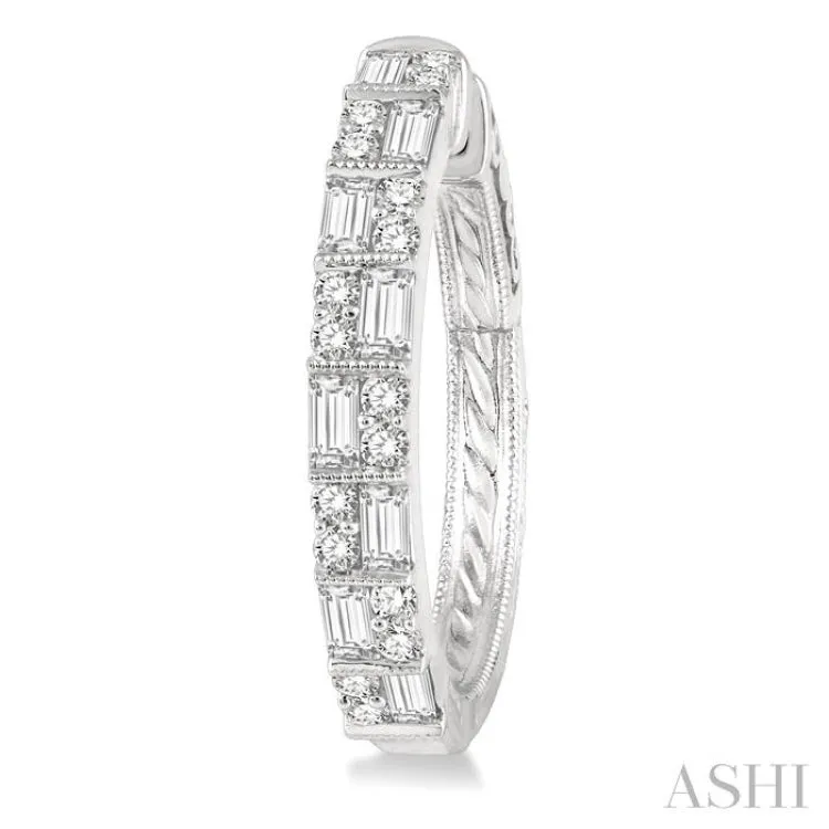 1 ctw Basket Weave Baguette and Round Cut Diamond Hoop Earrings in 14K White Gold