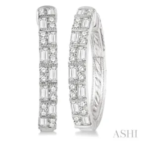 1 ctw Basket Weave Baguette and Round Cut Diamond Hoop Earrings in 14K White Gold