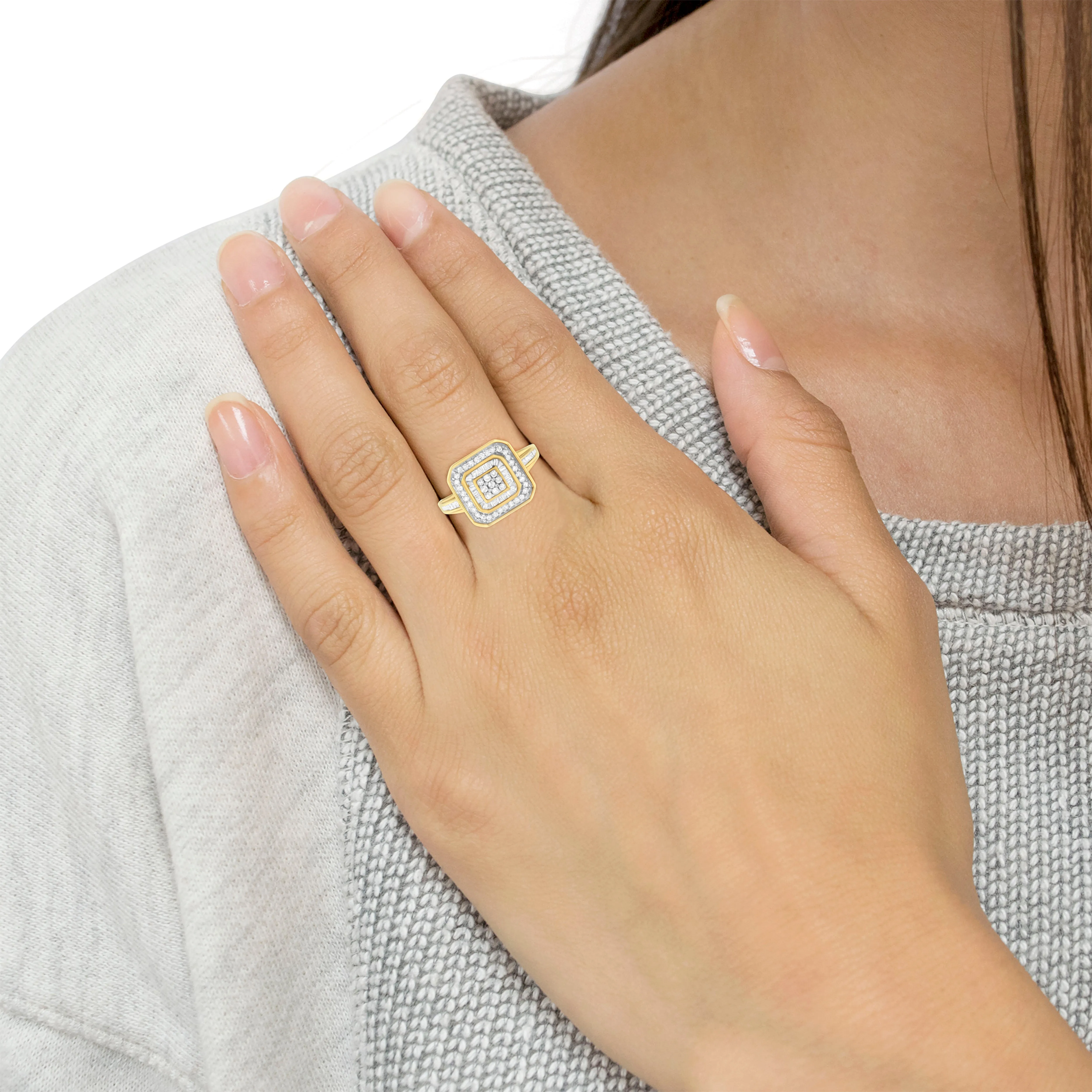 10K Yellow Gold 1/2 Cttw Round & Baguette-Cut Diamond Vintage-Inspired Square Cluster Framed Double Halo Cocktail Fashion Ring