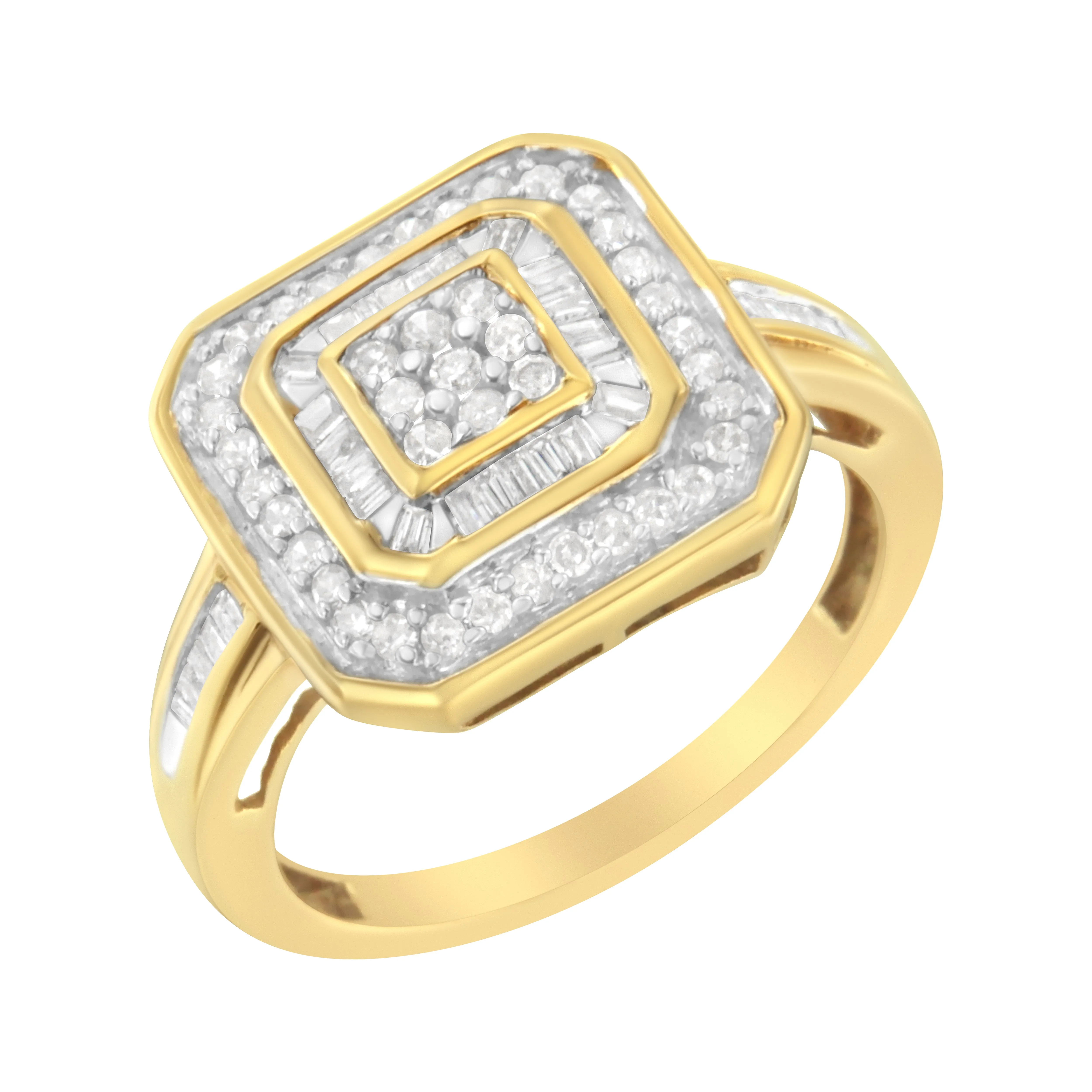 10K Yellow Gold 1/2 Cttw Round & Baguette-Cut Diamond Vintage-Inspired Square Cluster Framed Double Halo Cocktail Fashion Ring