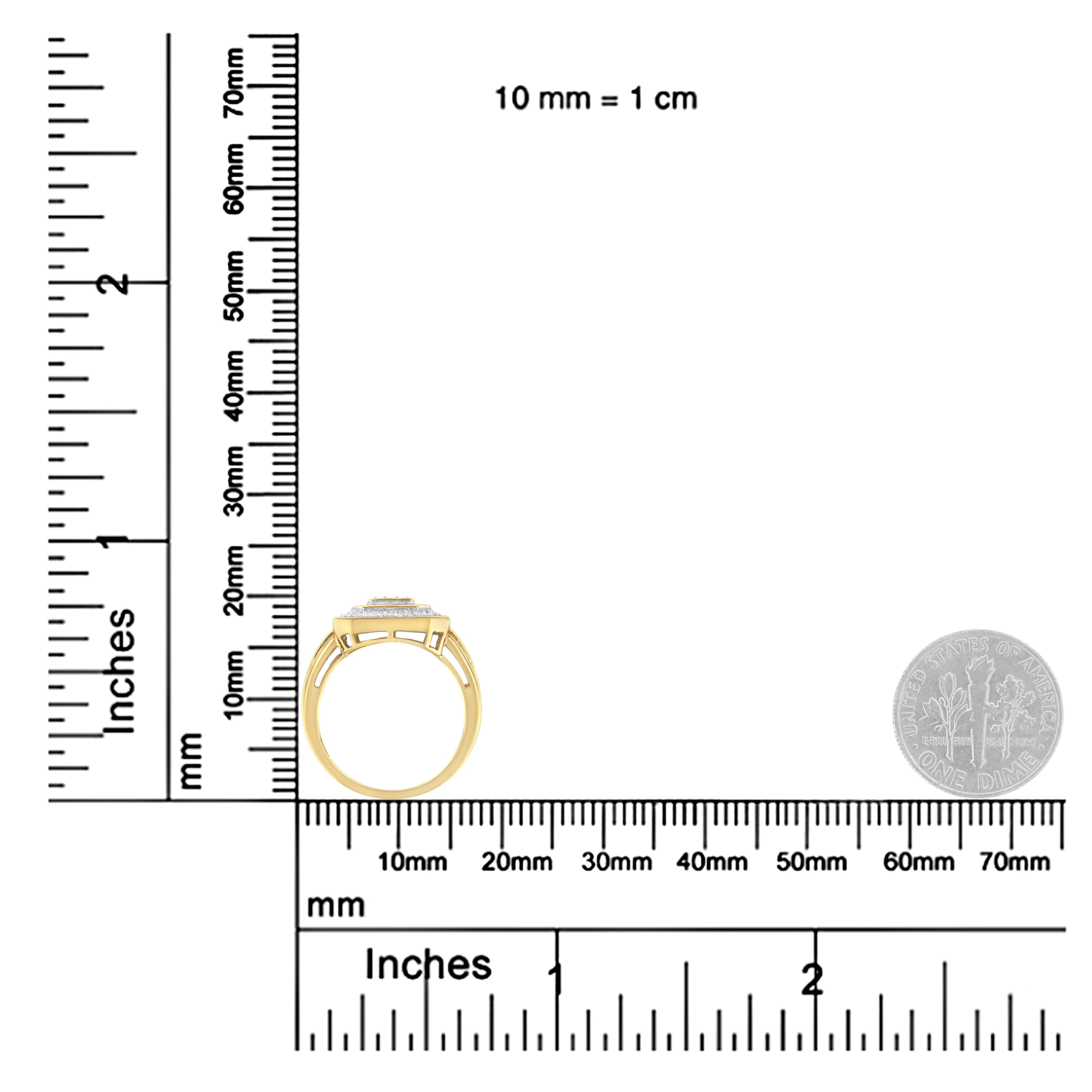 10K Yellow Gold 1/2 Cttw Round & Baguette-Cut Diamond Vintage-Inspired Square Cluster Framed Double Halo Cocktail Fashion Ring