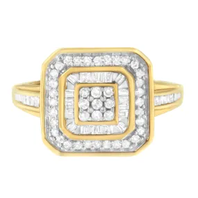 10K Yellow Gold 1/2 Cttw Round & Baguette-Cut Diamond Vintage-Inspired Square Cluster Framed Double Halo Cocktail Fashion Ring