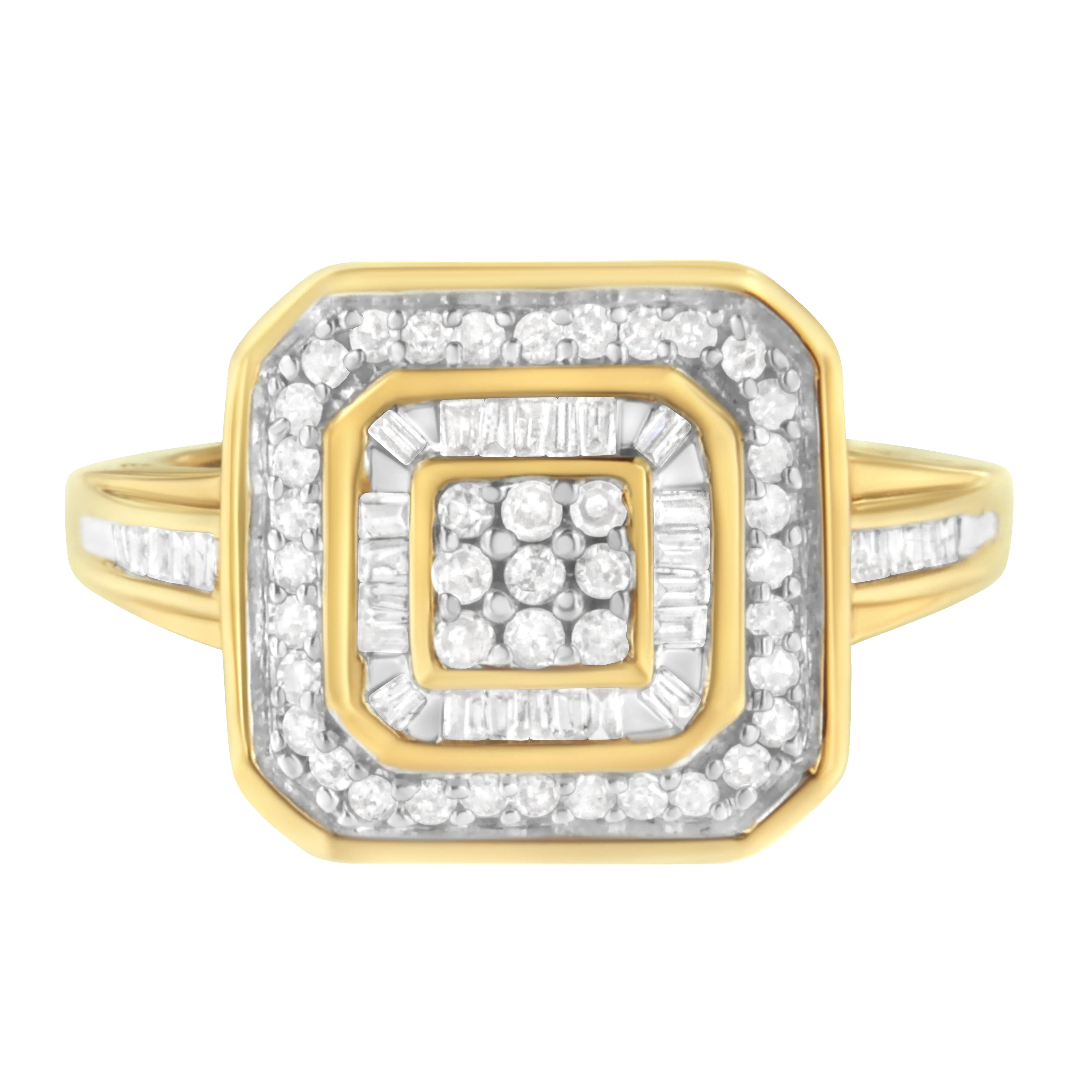 10K Yellow Gold 1/2 Cttw Round & Baguette-Cut Diamond Vintage-Inspired Square Cluster Framed Double Halo Cocktail Fashion Ring