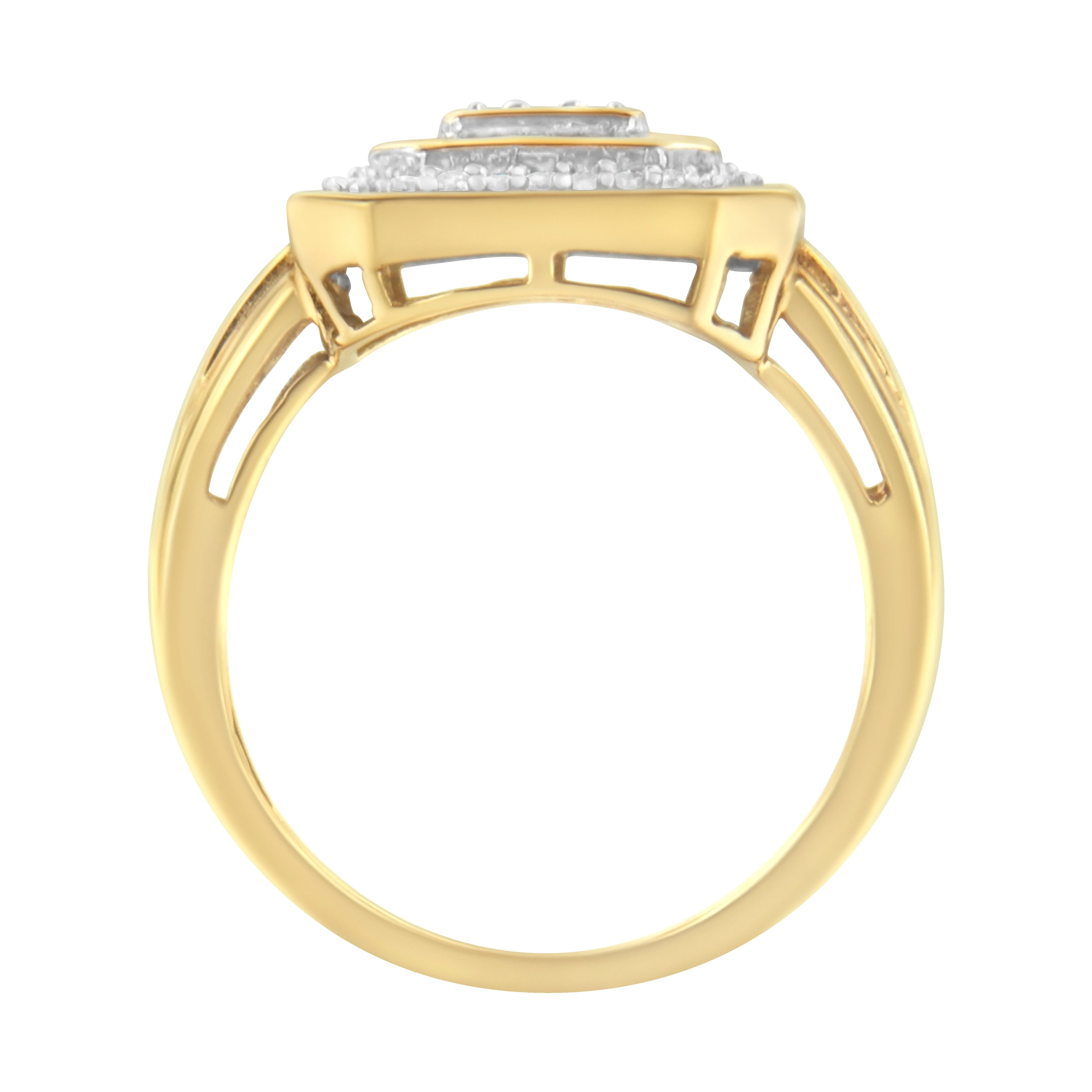 10K Yellow Gold 1/2 Cttw Round & Baguette-Cut Diamond Vintage-Inspired Square Cluster Framed Double Halo Cocktail Fashion Ring
