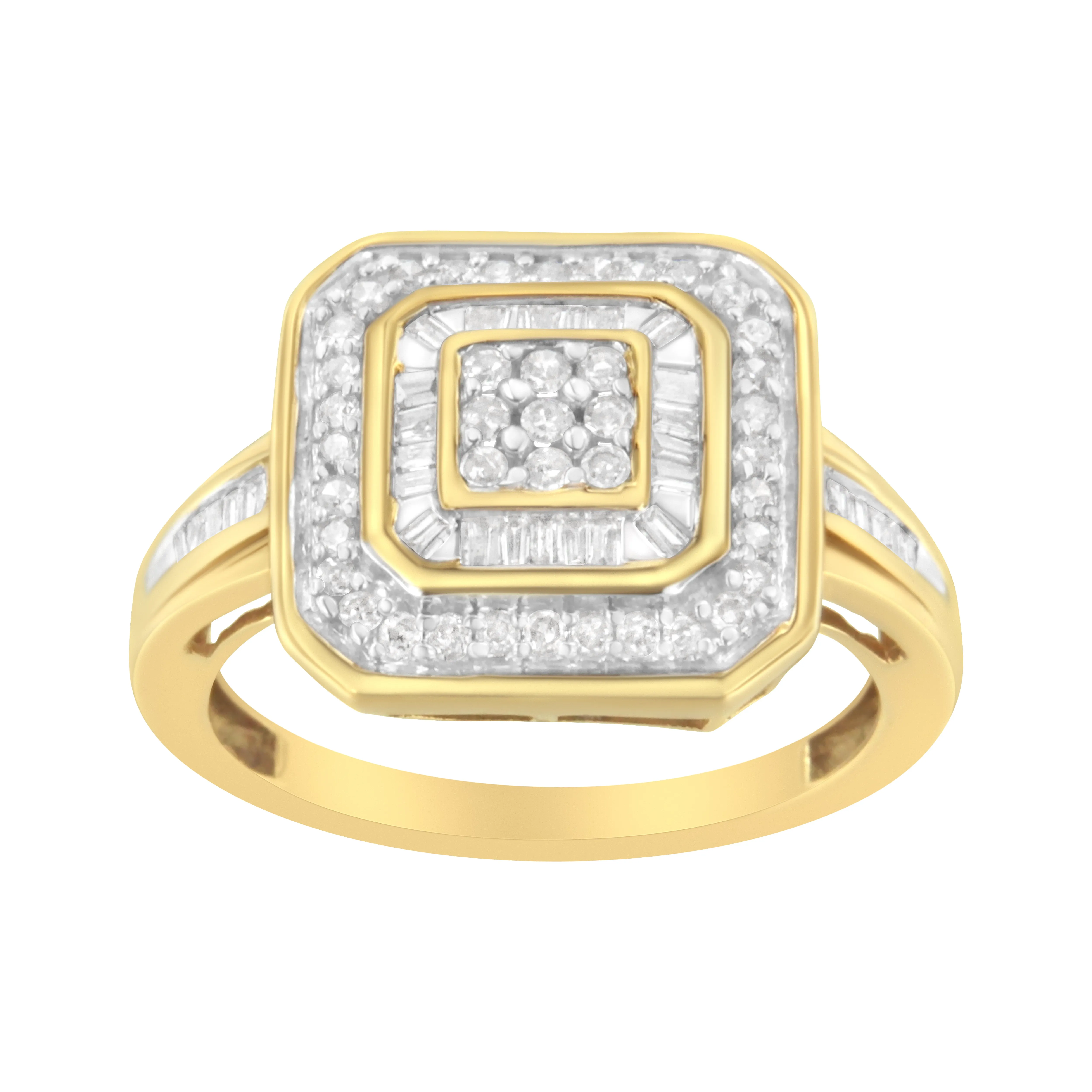 10K Yellow Gold 1/2 Cttw Round & Baguette-Cut Diamond Vintage-Inspired Square Cluster Framed Double Halo Cocktail Fashion Ring