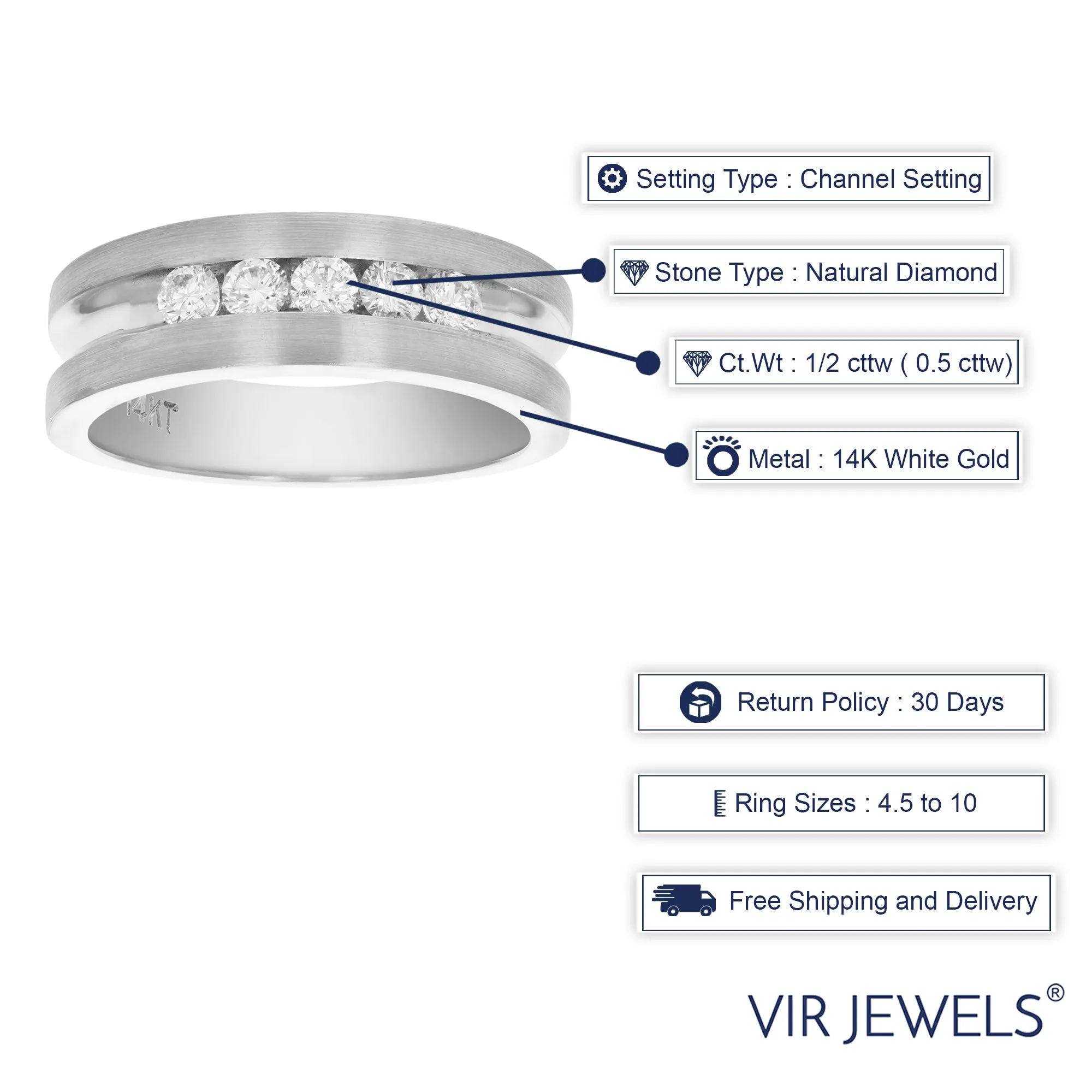 1/2 cttw SI2-I1 5 Stone Certified Machine Diamond Wedding Band 14K Gold