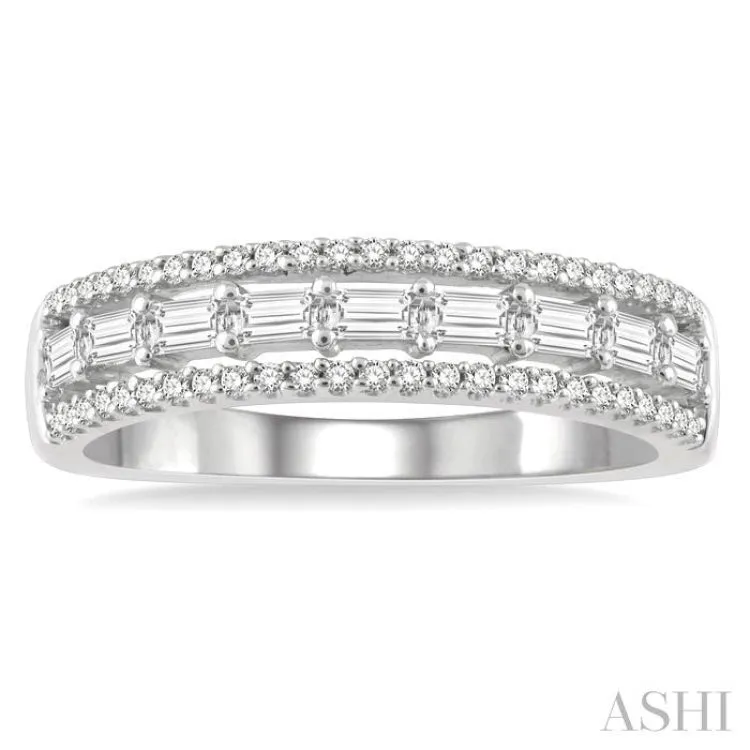 1/2 Ctw Triple Row Baguette and Round Cut Diamond Fashion Band in 14K White Gold