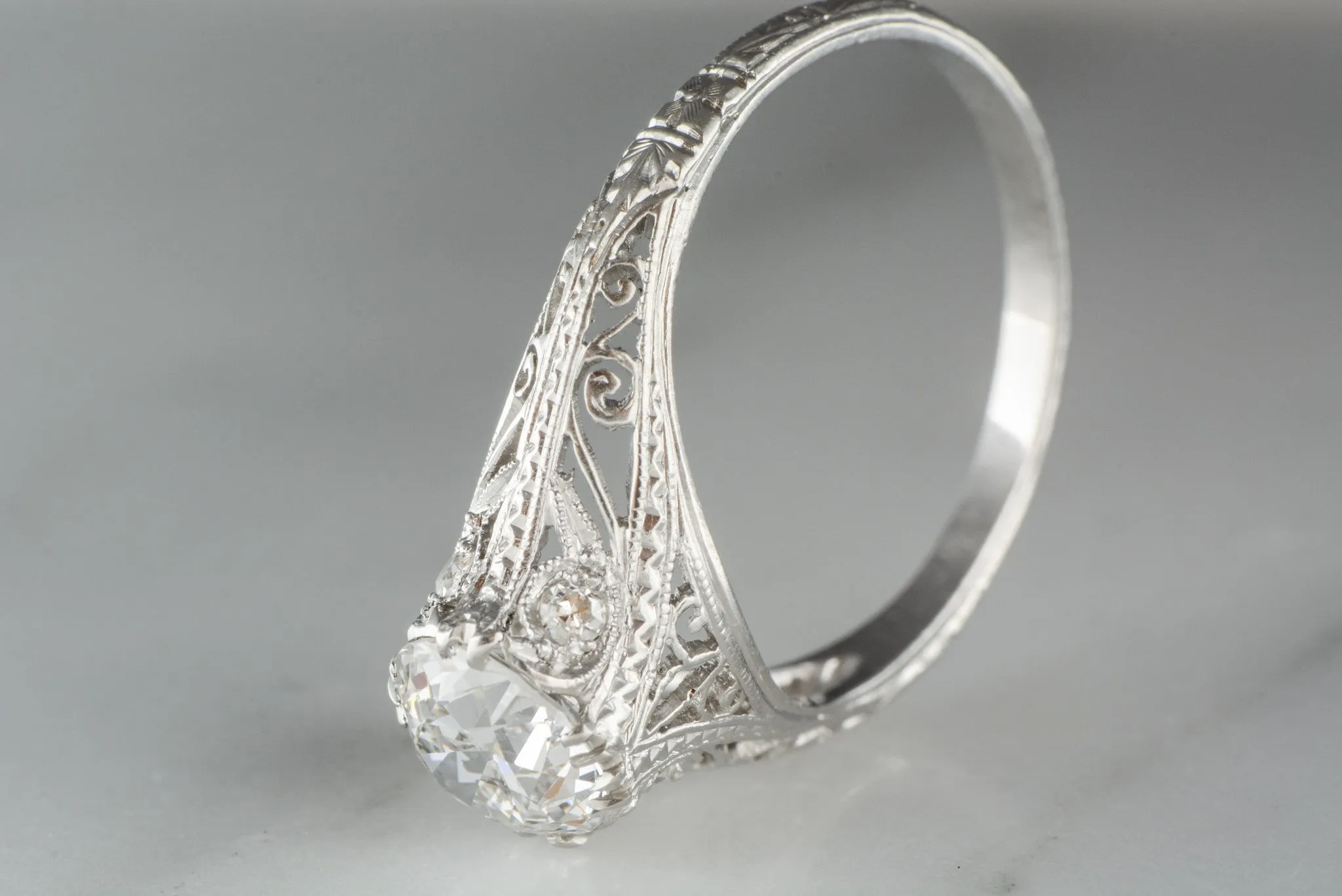 1.28 Carat Old European Cut Diamond in Platinum Edwardian / Art Deco Engagement Ring with Single Cut Diamond Accents