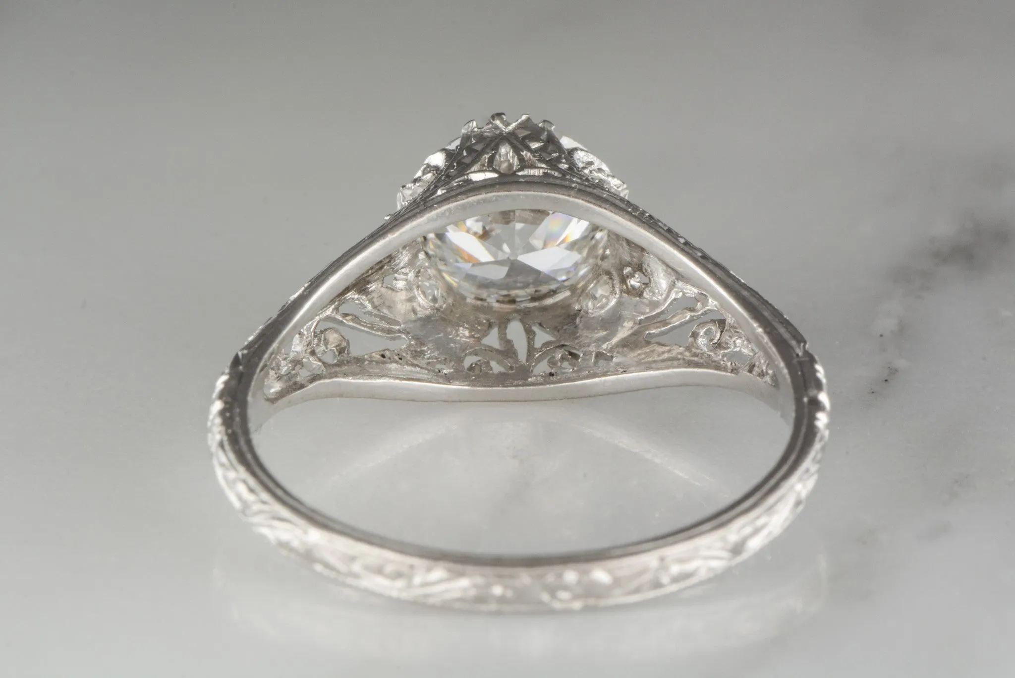 1.28 Carat Old European Cut Diamond in Platinum Edwardian / Art Deco Engagement Ring with Single Cut Diamond Accents