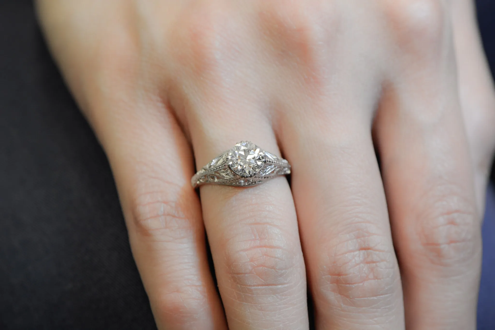 1.28 Carat Old European Cut Diamond in Platinum Edwardian / Art Deco Engagement Ring with Single Cut Diamond Accents