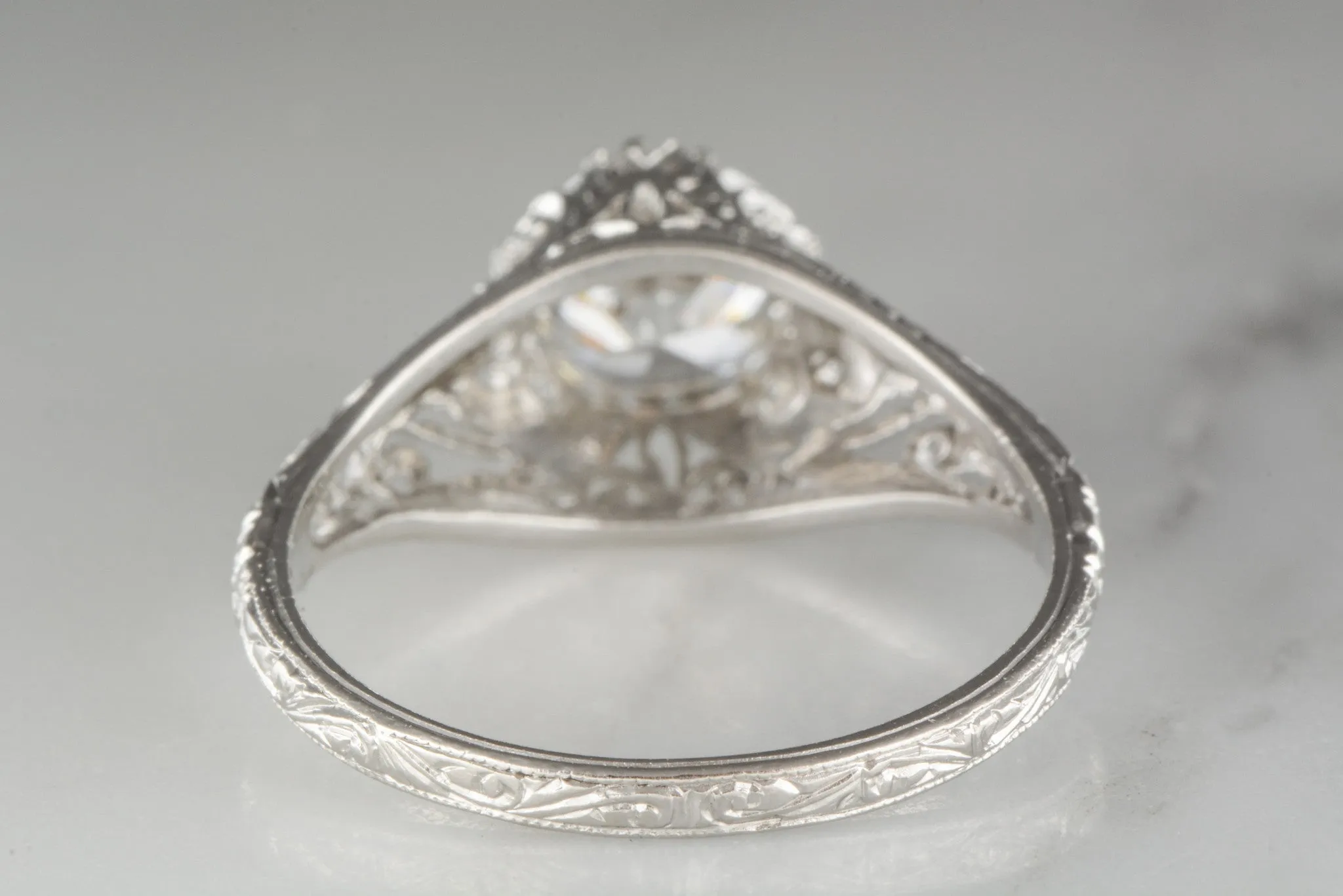 1.28 Carat Old European Cut Diamond in Platinum Edwardian / Art Deco Engagement Ring with Single Cut Diamond Accents