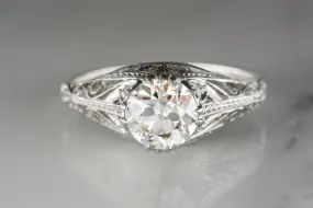 1.28 Carat Old European Cut Diamond in Platinum Edwardian / Art Deco Engagement Ring with Single Cut Diamond Accents