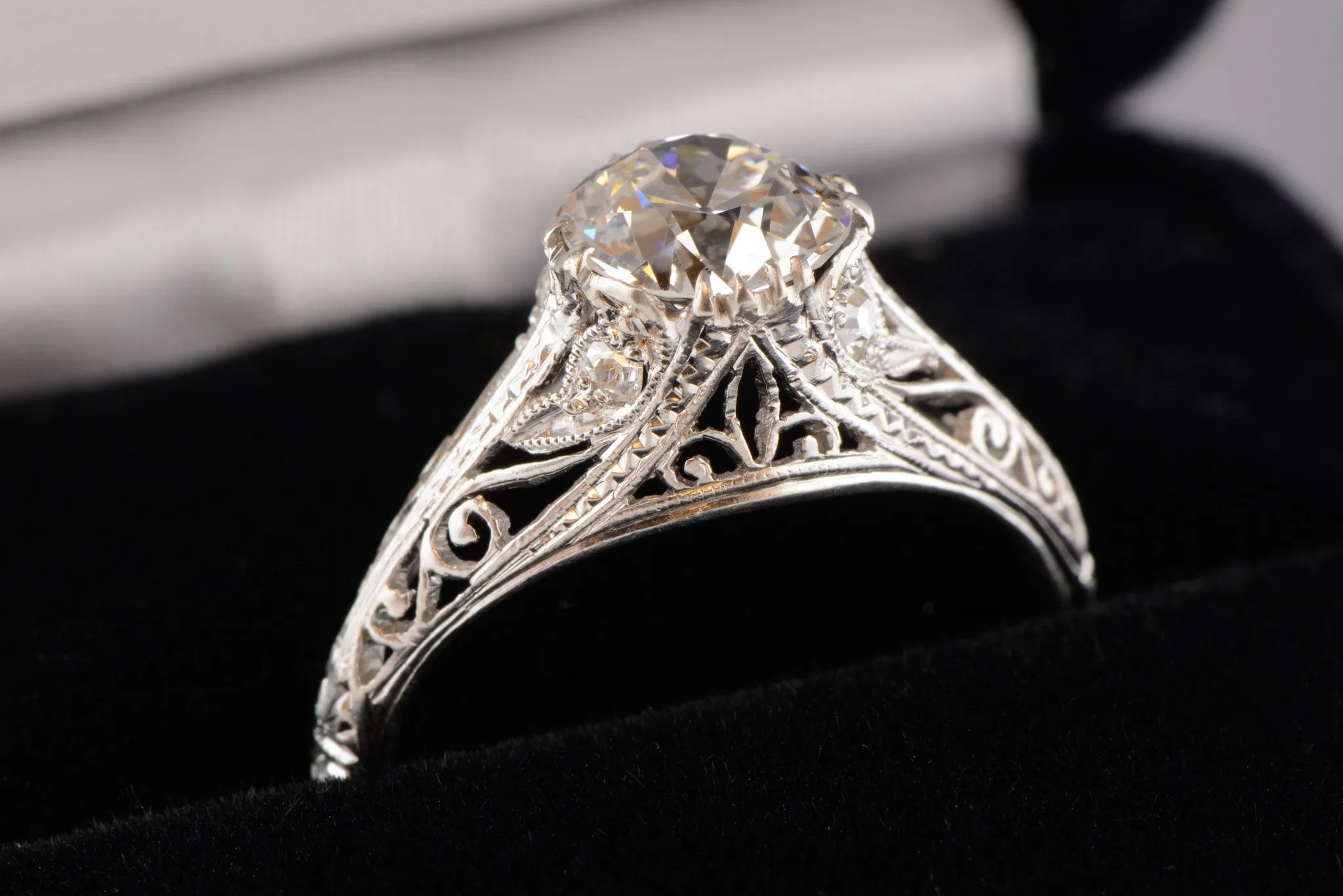 1.28 Carat Old European Cut Diamond in Platinum Edwardian / Art Deco Engagement Ring with Single Cut Diamond Accents