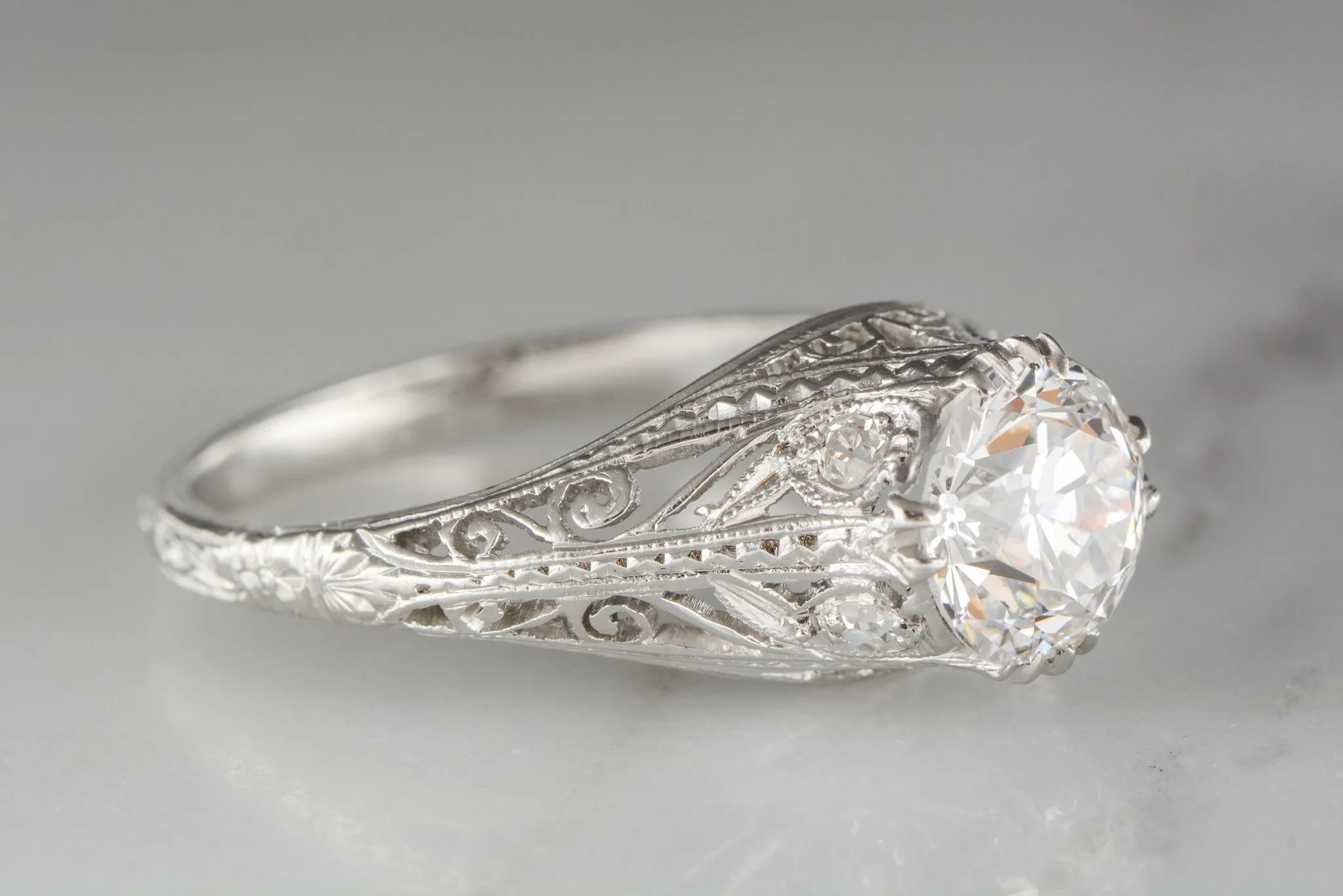 1.28 Carat Old European Cut Diamond in Platinum Edwardian / Art Deco Engagement Ring with Single Cut Diamond Accents
