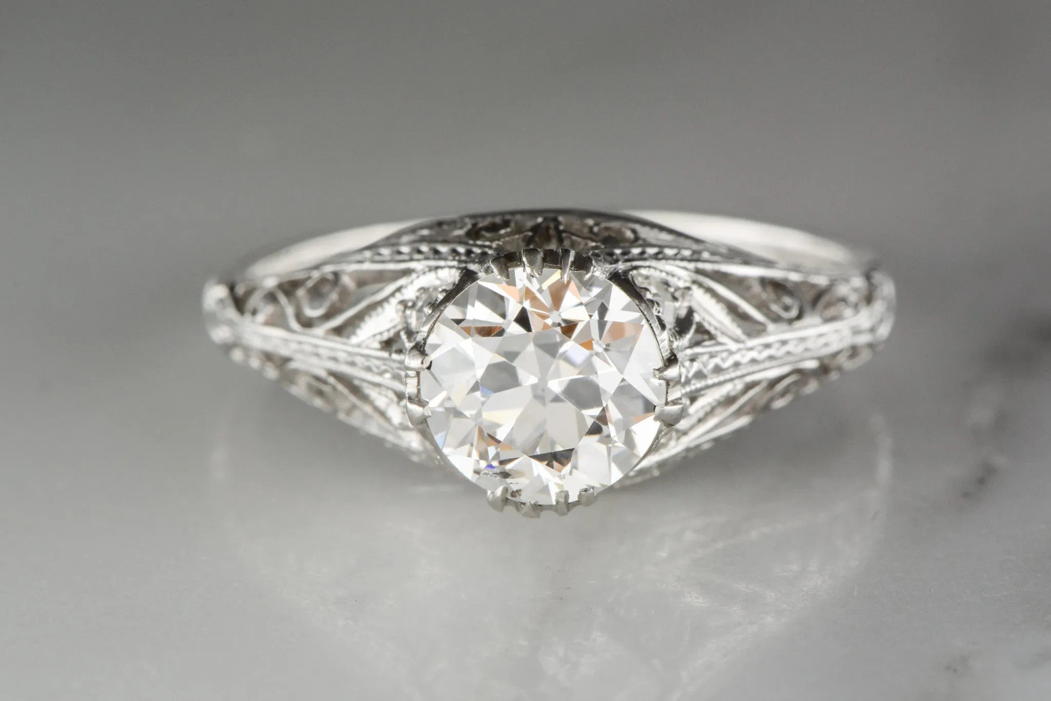 1.28 Carat Old European Cut Diamond in Platinum Edwardian / Art Deco Engagement Ring with Single Cut Diamond Accents