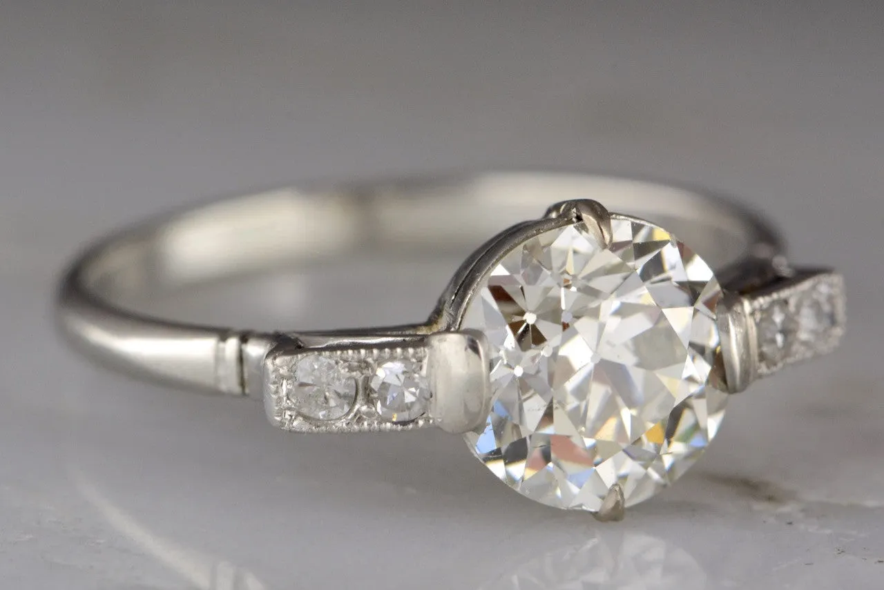1.39 Carat GIA Certified Old European Cut Diamond and Platinum Art Deco Engagement Ring with Four Single Cut Diamond Accents