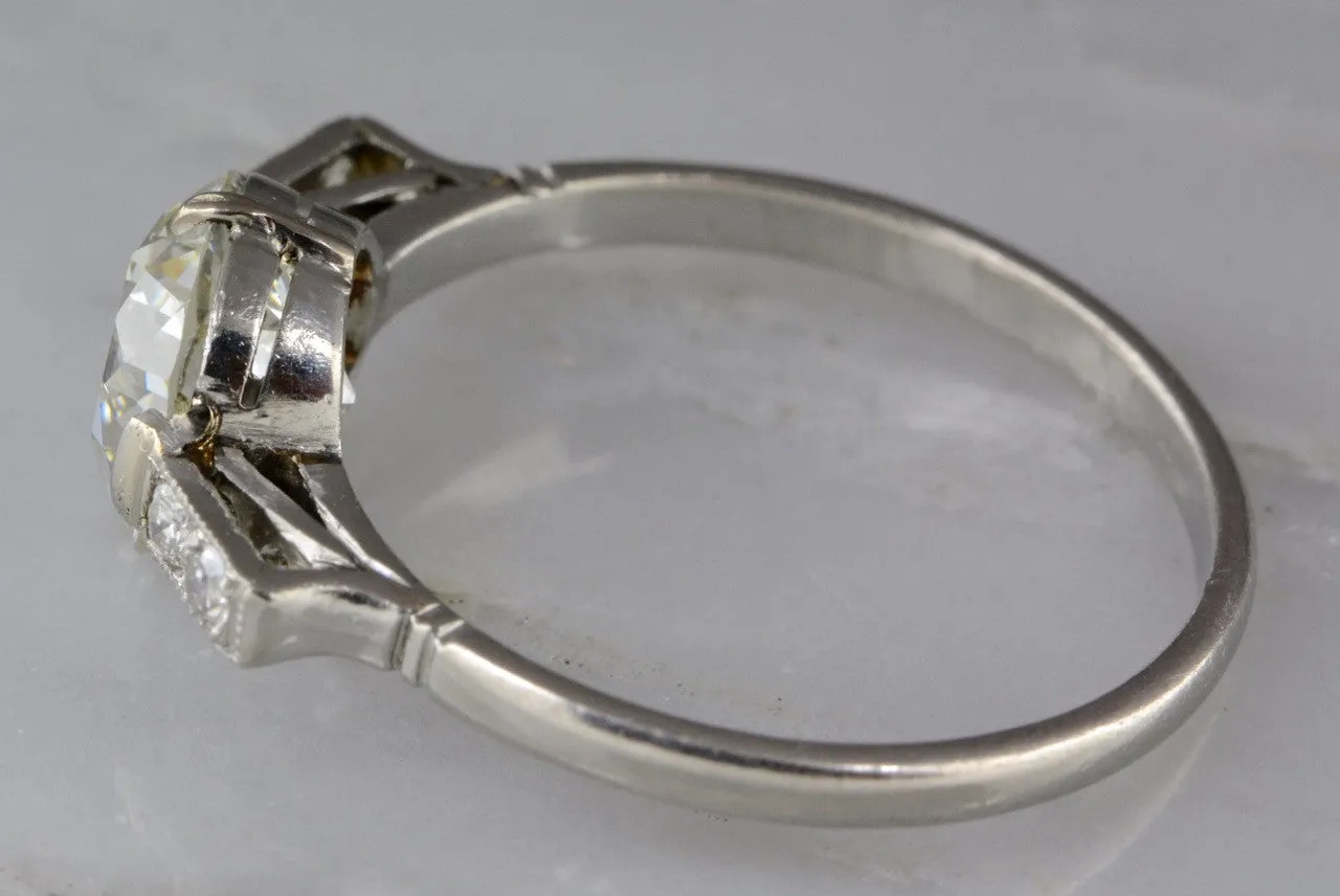 1.39 Carat GIA Certified Old European Cut Diamond and Platinum Art Deco Engagement Ring with Four Single Cut Diamond Accents