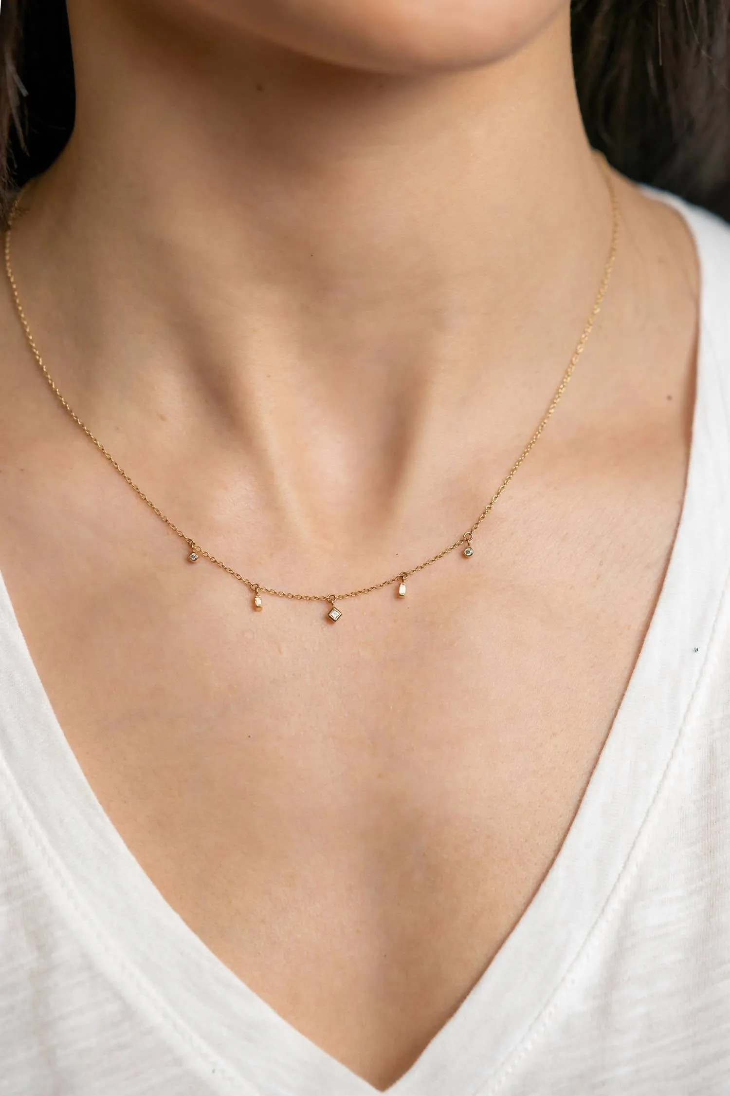 14K Dangling Mixed Cut Diamond Necklace In Yellow Gold