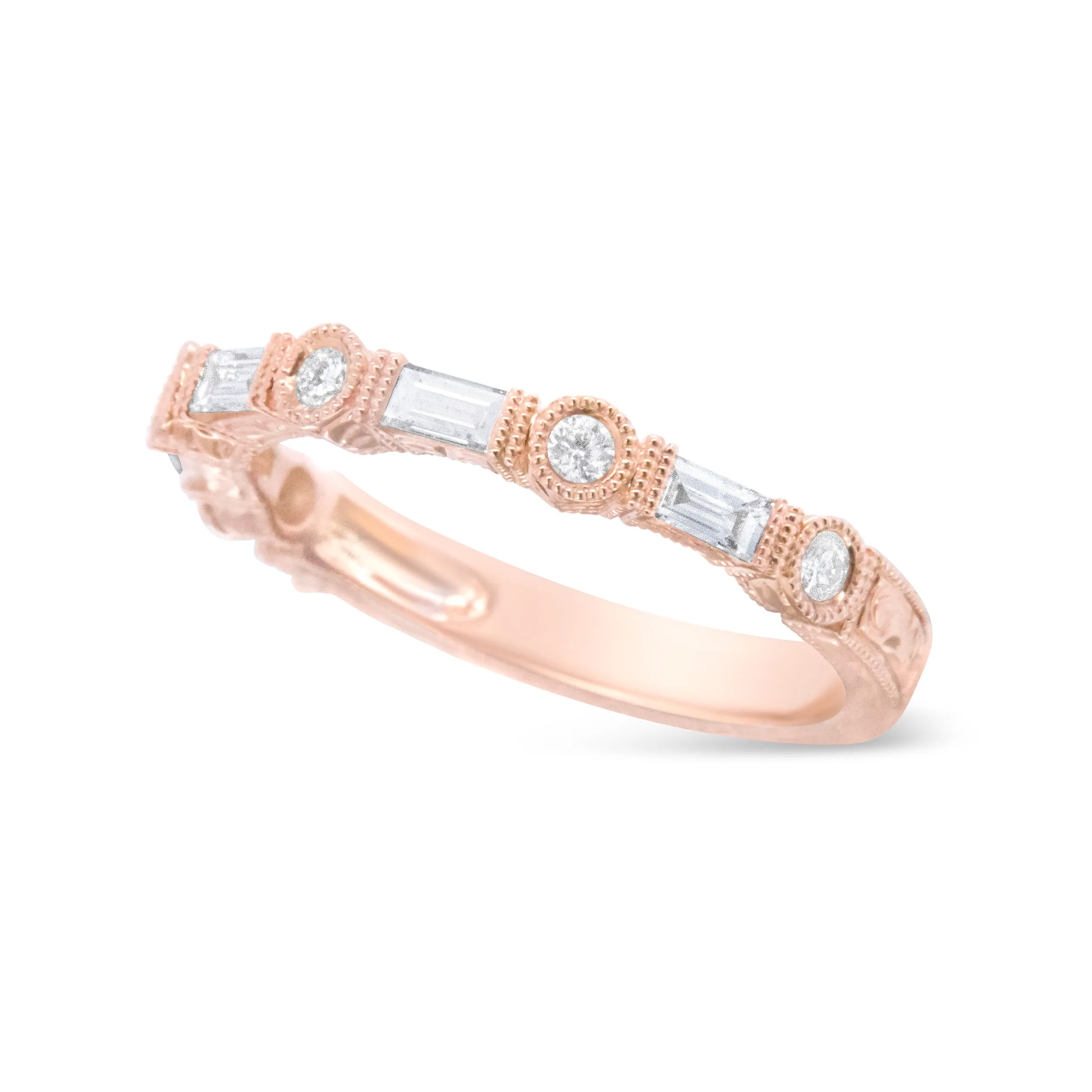 14K Rose Gold 3/8 Cttw Baguette and Round Diamond Bridal Band