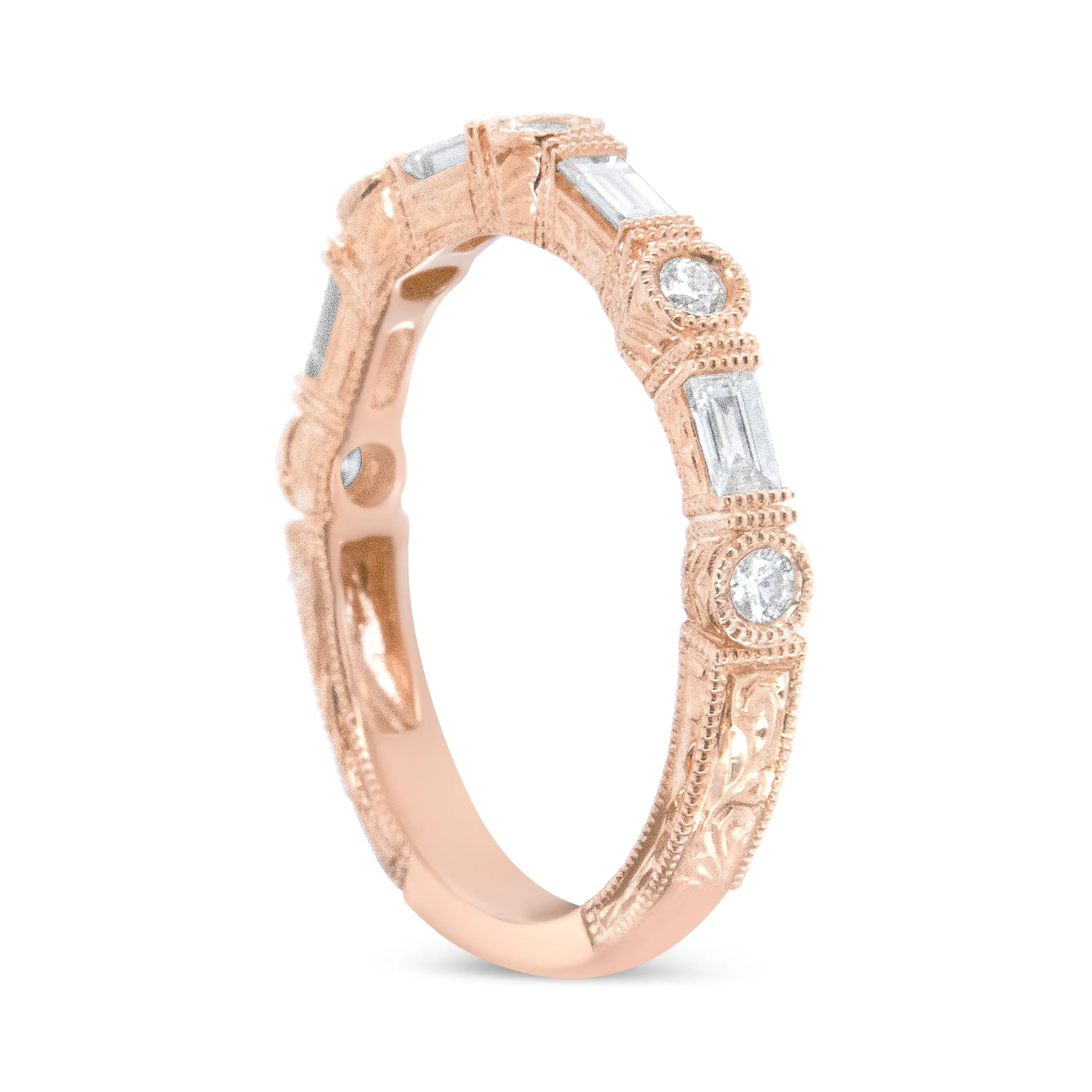 14K Rose Gold 3/8 Cttw Baguette and Round Diamond Bridal Band