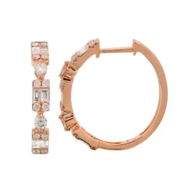 14K Rose Gold Round   Baguette Cluster Hoop Earrings