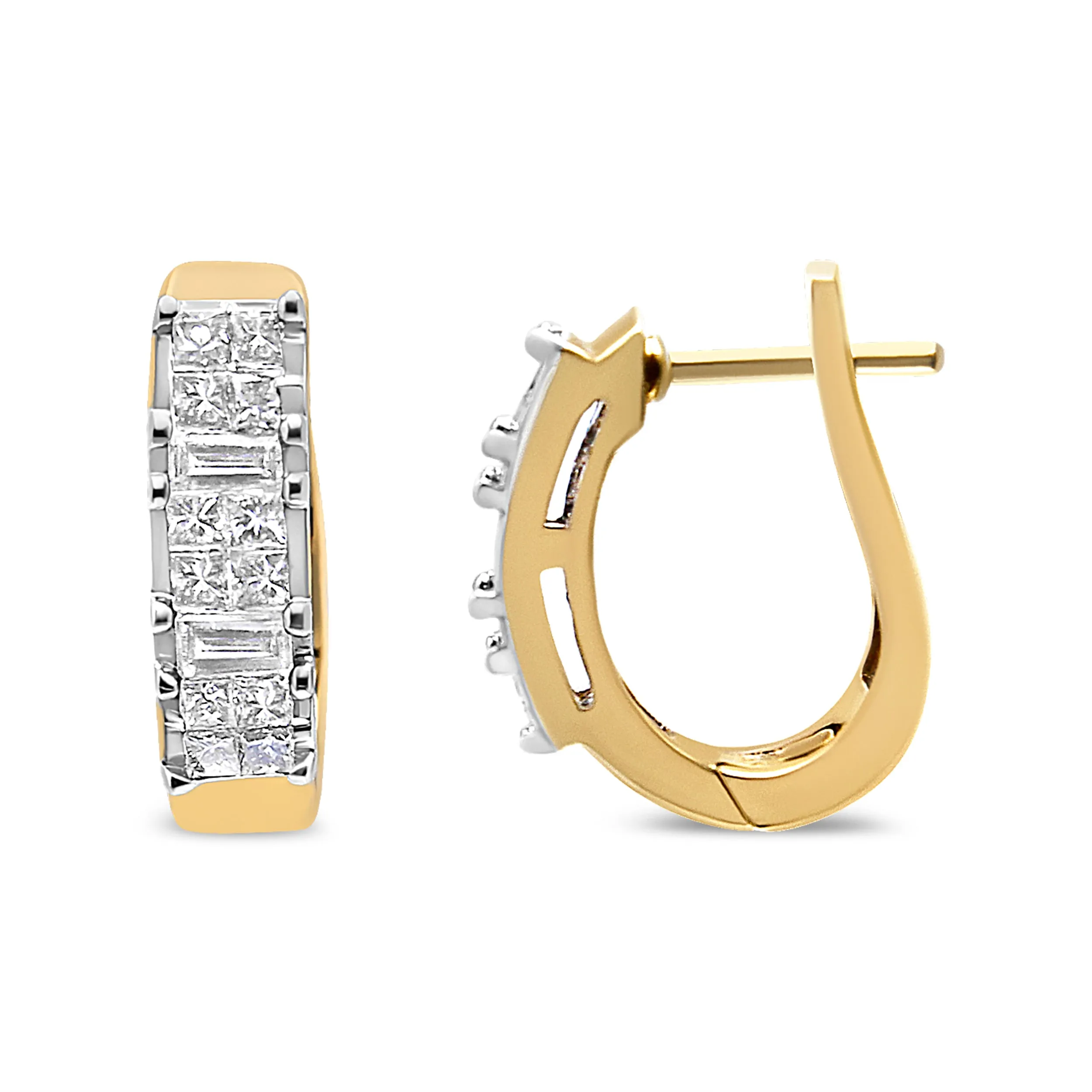 14K Yellow Gold 1/2 Cttw Princess & Baguette-Cut Diamond Invisible-Set U-Hoop Earrings