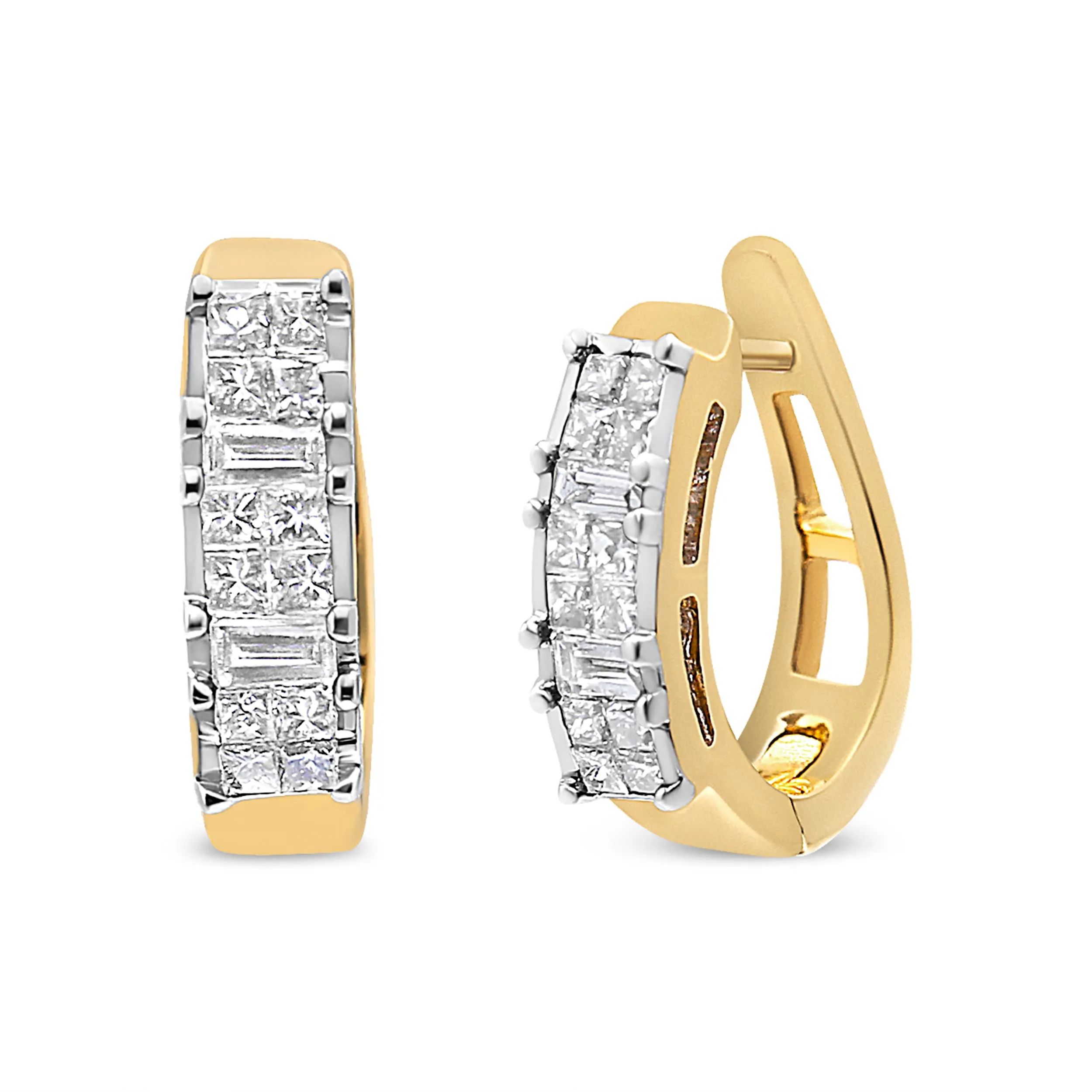 14K Yellow Gold 1/2 Cttw Princess & Baguette-Cut Diamond Invisible-Set U-Hoop Earrings