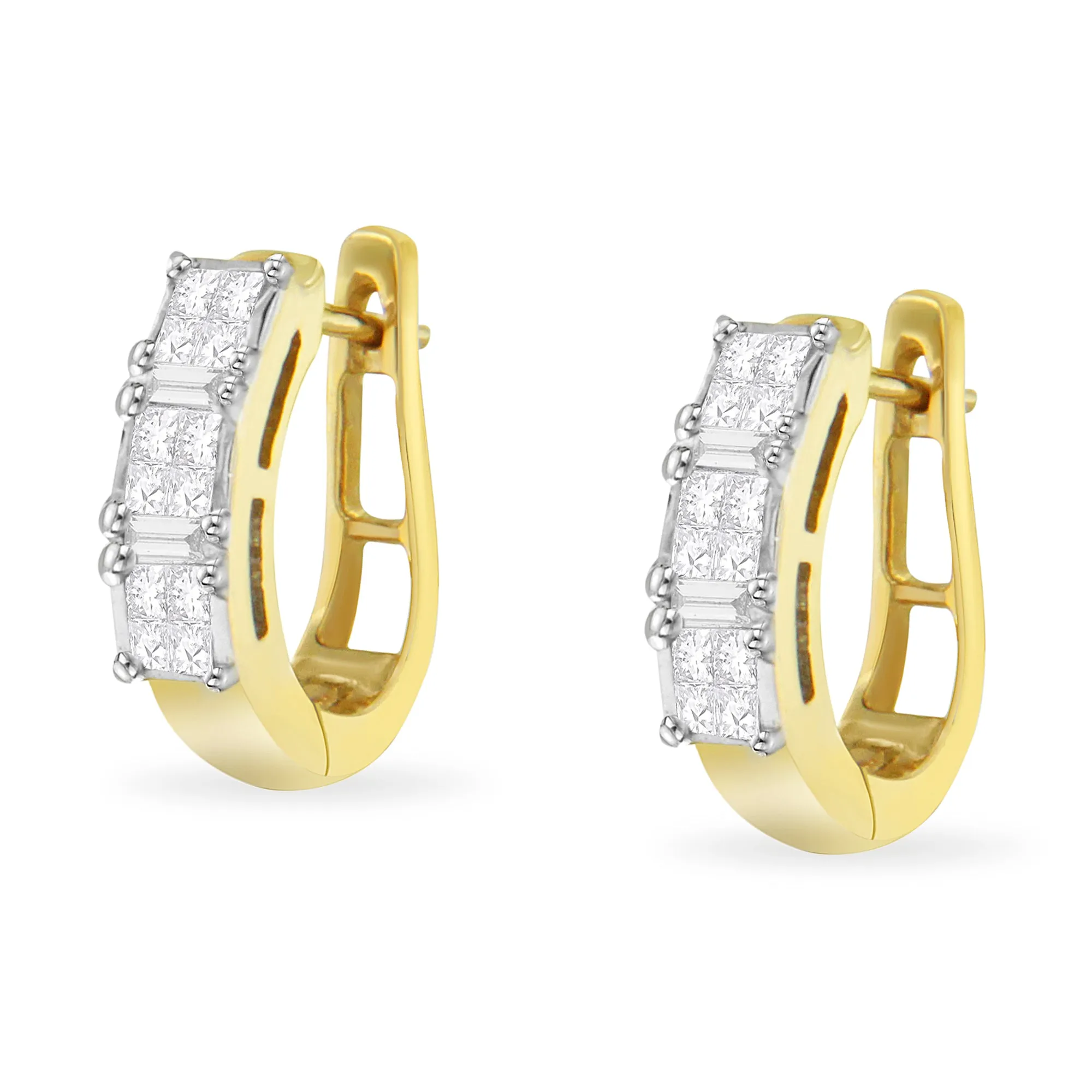 14K Yellow Gold 1/2 Cttw Princess & Baguette-Cut Diamond Invisible-Set U-Hoop Earrings