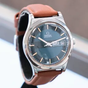 1972 OMEGA Automatic Watch Day/Date Blue Textured Dial Wristwatch Ref. 1660120 ALL S.S. Original Bracelet