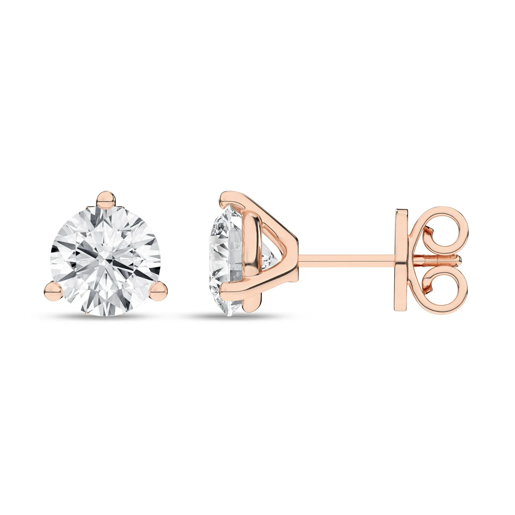 2 Carat Round Lab Grown Diamond 14K Gold 3 Prong Martini Solitaire Stud Earrings