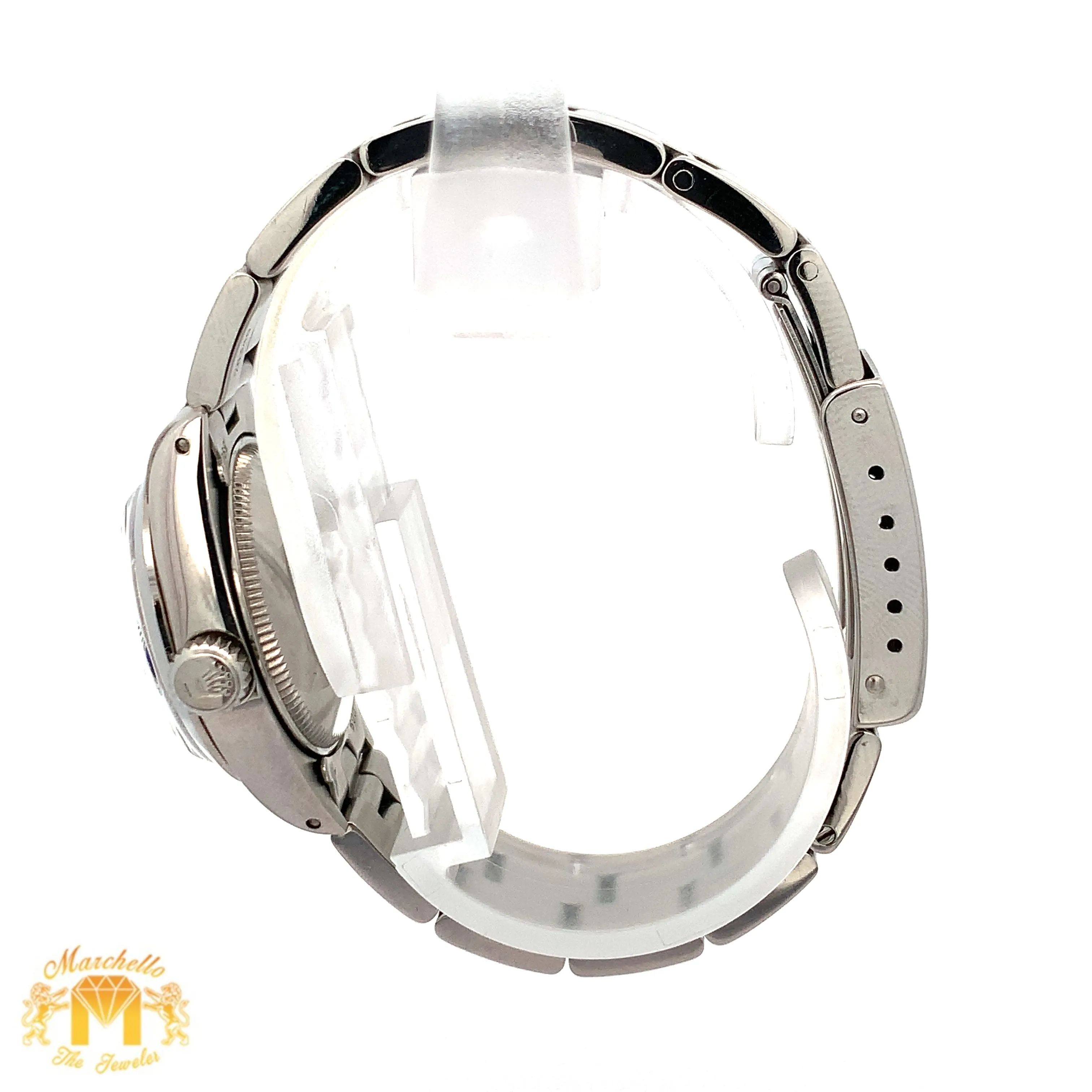 26mm Ladies`Rolex Watch with Stainless Steel Oyster Bracelet (blue mother of pearl (MOP) diamond dial, smooth bezel)