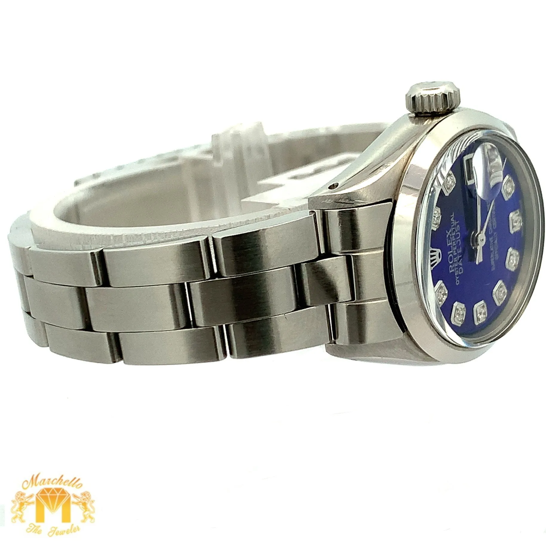 26mm Ladies`Rolex Watch with Stainless Steel Oyster Bracelet (blue mother of pearl (MOP) diamond dial, smooth bezel)