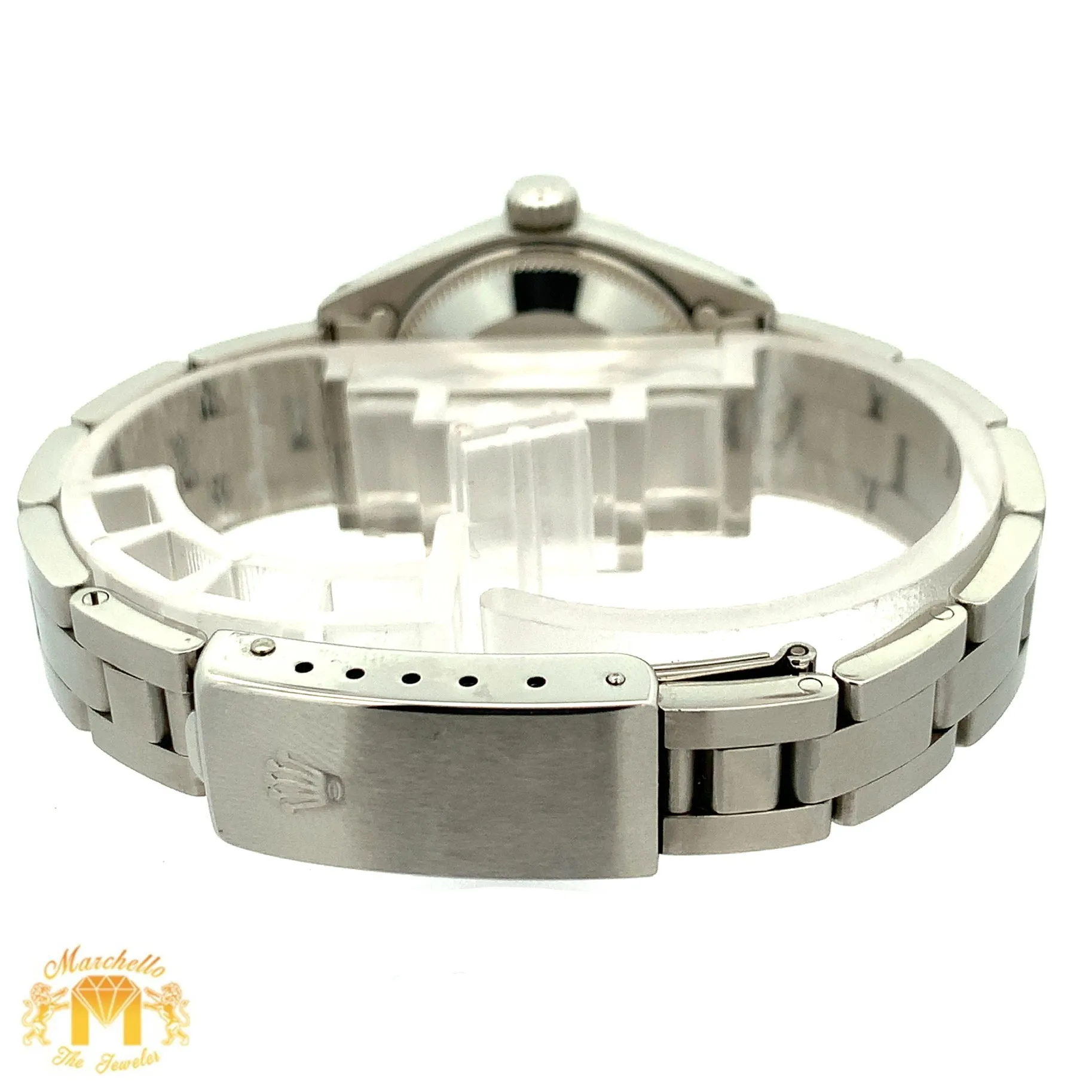 26mm Ladies`Rolex Watch with Stainless Steel Oyster Bracelet (blue mother of pearl (MOP) diamond dial, smooth bezel)