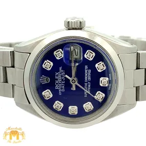 26mm Ladies`Rolex Watch with Stainless Steel Oyster Bracelet (blue mother of pearl (MOP) diamond dial, smooth bezel)