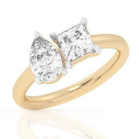2ctw Pear and Princess Lab Grown Diamond Toi et Moi Yellow Gold Engagement Ring - Size 5