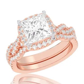 3 3/4ctw Princess Lab Grown Diamond Halo Twist Band Rose Gold Engagement and Wedding Ring Bridal Set - Size 5