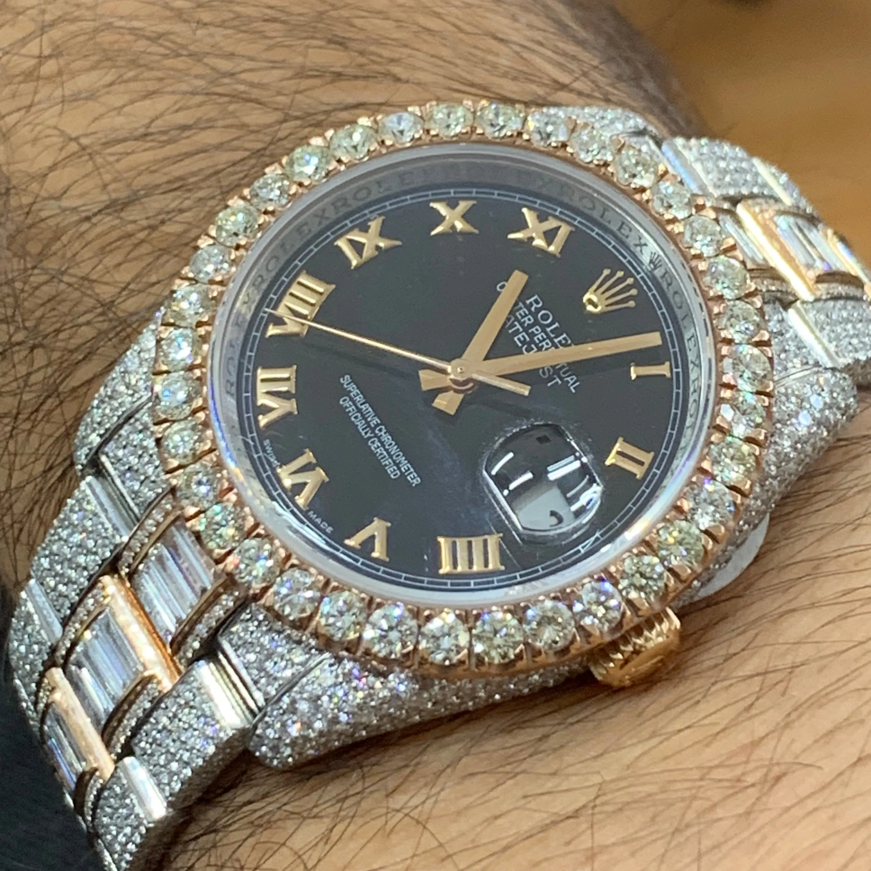 36mm Iced out Rolex Datejust Watch with Two-Tone Oyster Bracelet