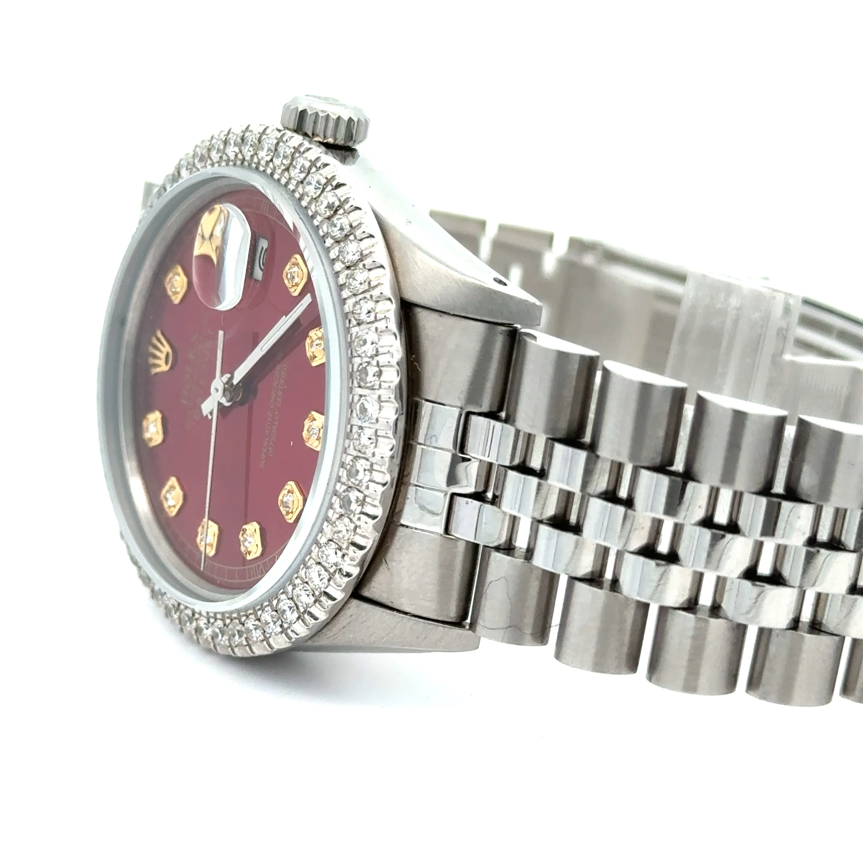 36mm Rolex Diamond Watch with Stainless Steel Jubilee Bracelet (diamond red dial and diamond bezel)