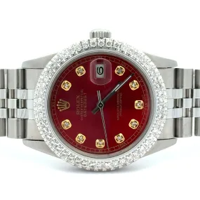36mm Rolex Diamond Watch with Stainless Steel Jubilee Bracelet (diamond red dial and diamond bezel)