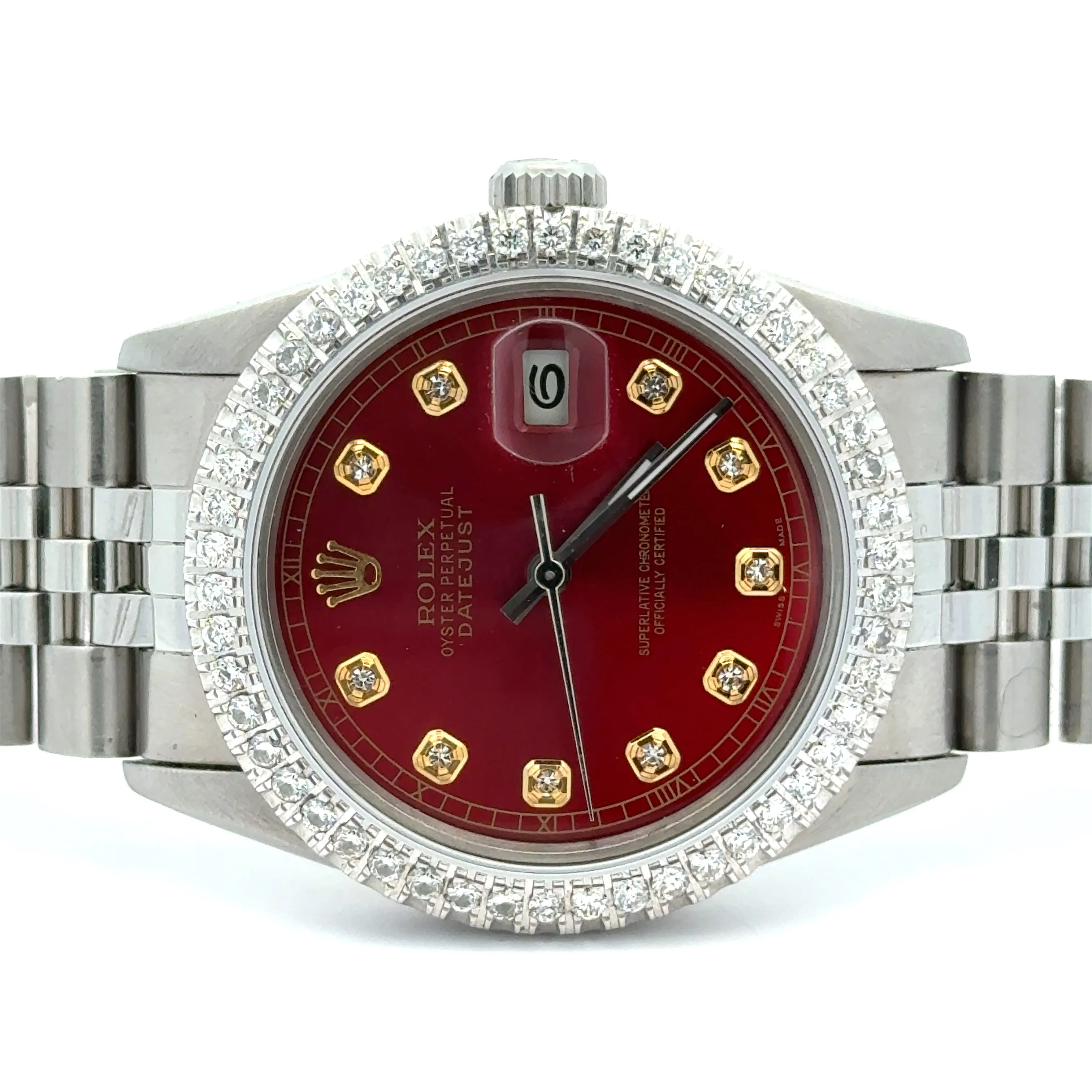 36mm Rolex Diamond Watch with Stainless Steel Jubilee Bracelet (diamond red dial and diamond bezel)