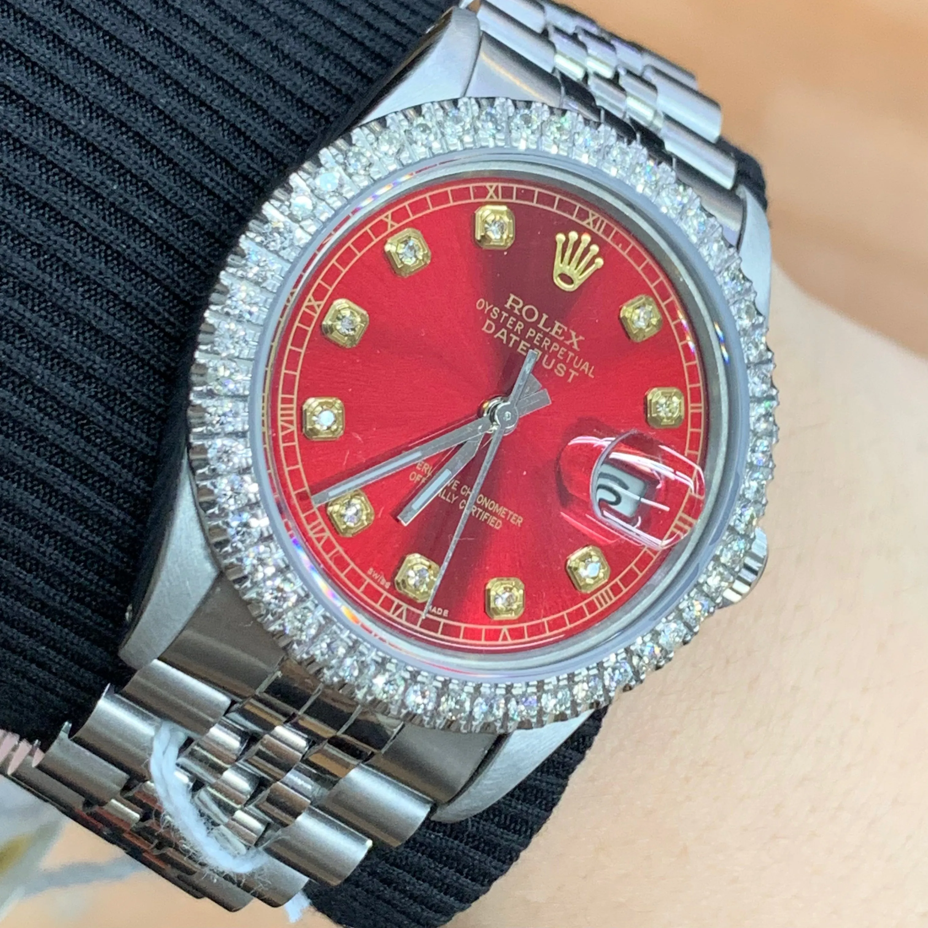 36mm Rolex Diamond Watch with Stainless Steel Jubilee Bracelet (diamond red dial and diamond bezel)
