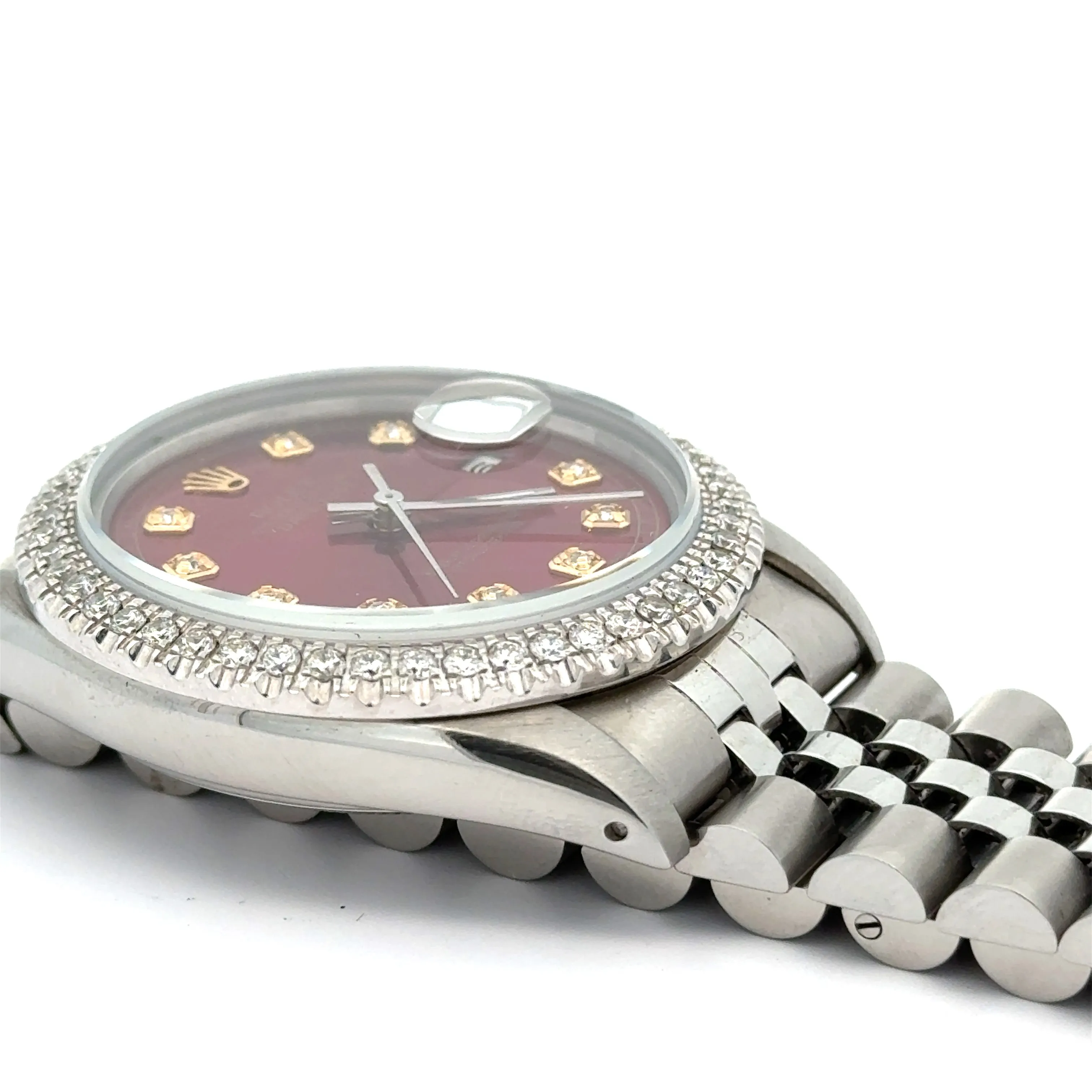 36mm Rolex Diamond Watch with Stainless Steel Jubilee Bracelet (diamond red dial and diamond bezel)