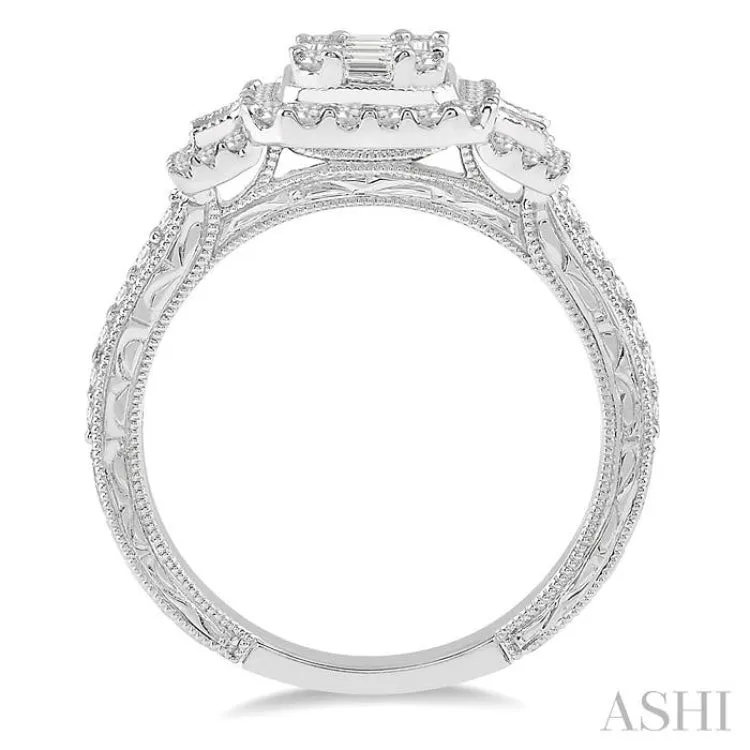 7/8 ctw Tiered Octagonal & Rectangular Mount Baguette and Round Cut Diamond Engagement Ring in 14K White Gold