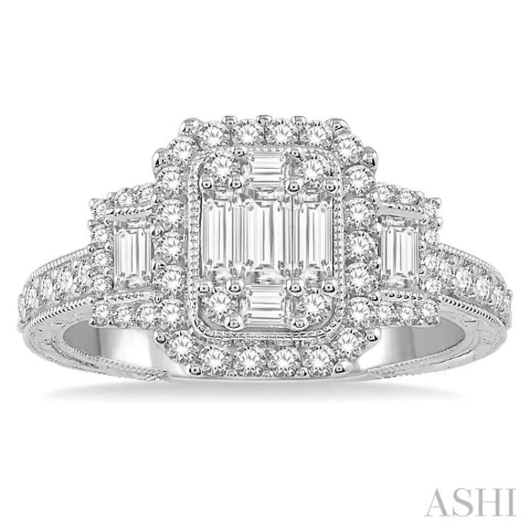 7/8 ctw Tiered Octagonal & Rectangular Mount Baguette and Round Cut Diamond Engagement Ring in 14K White Gold
