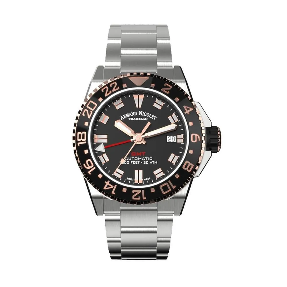 Armand Nicolet JS9-41 GMT Stainless Steel Black Bezel