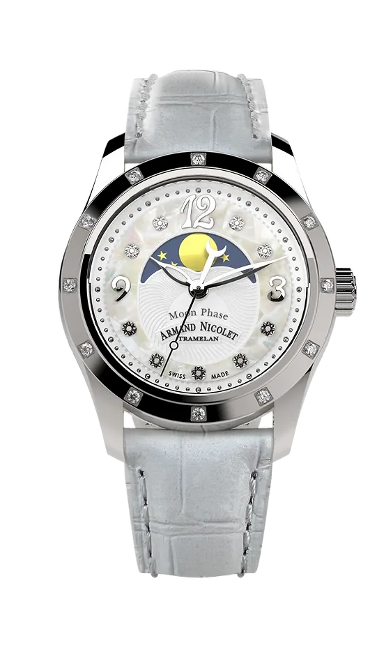 Armand Nicolet Ladies Watch M03 Moonphase 34mm Silver White A151RAA-AN-P882BC8