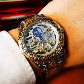 Automatic Tourbillon Watch for Men Mechanical Skeleton Mens Watches Top Brand Luxury Engraved Vintage Moon Phase Steel