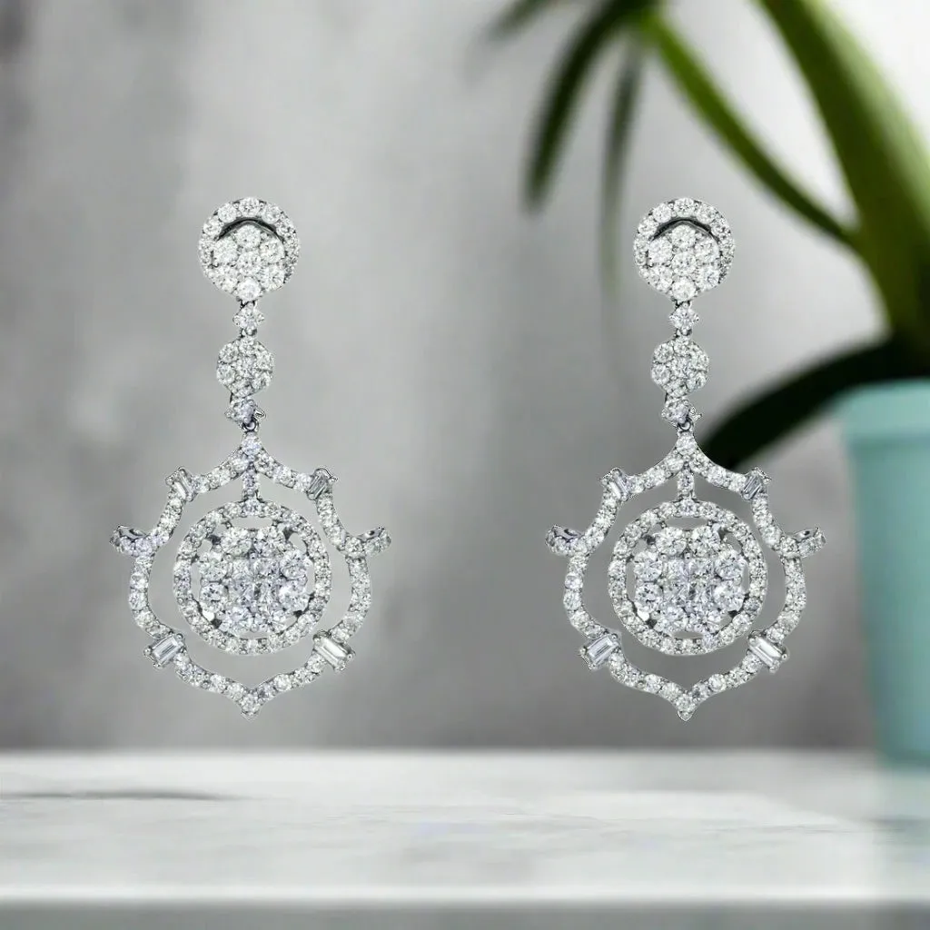 Berlin 5 Carats Round and Baguette Diamond Drop Earrings in 18K White Gold