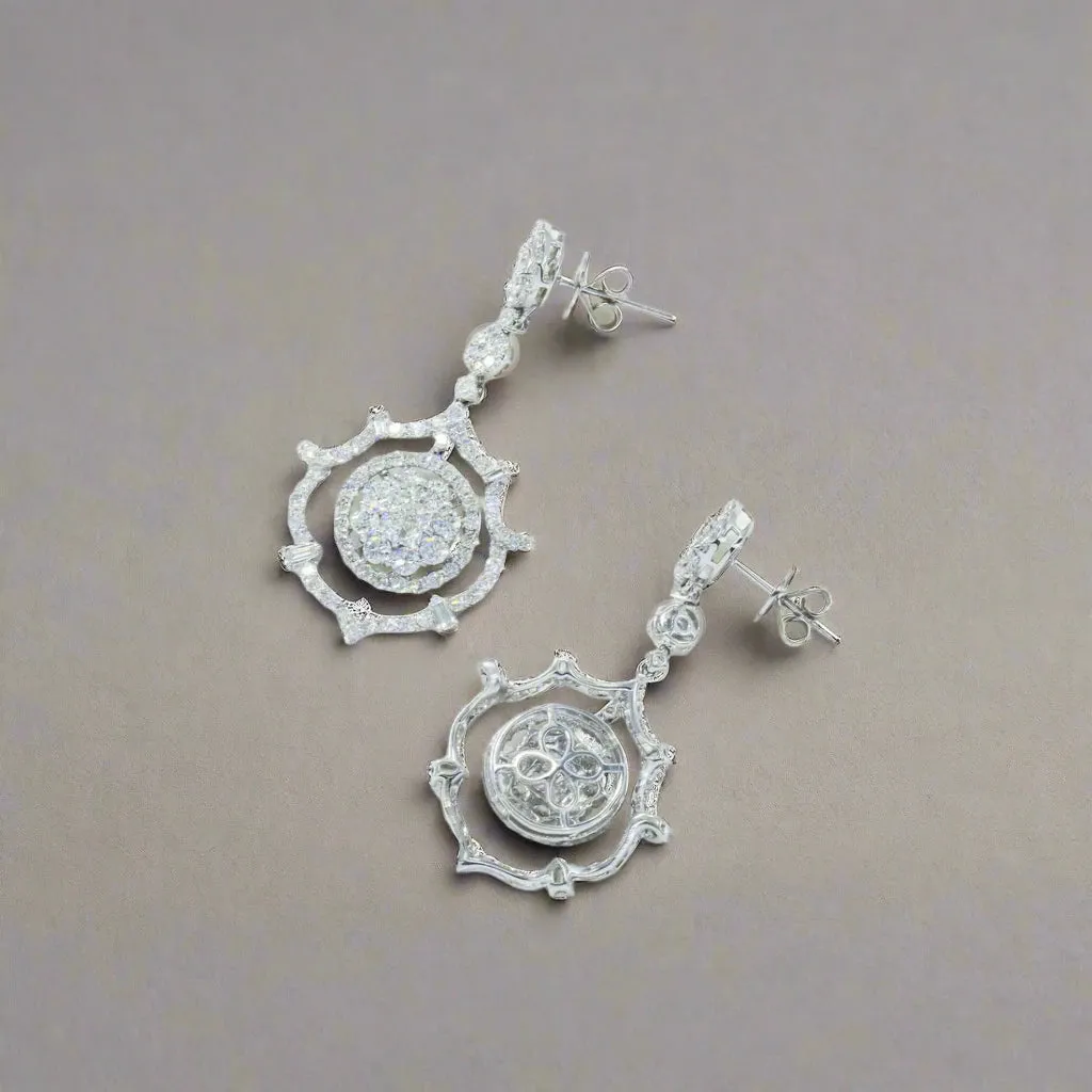 Berlin 5 Carats Round and Baguette Diamond Drop Earrings in 18K White Gold