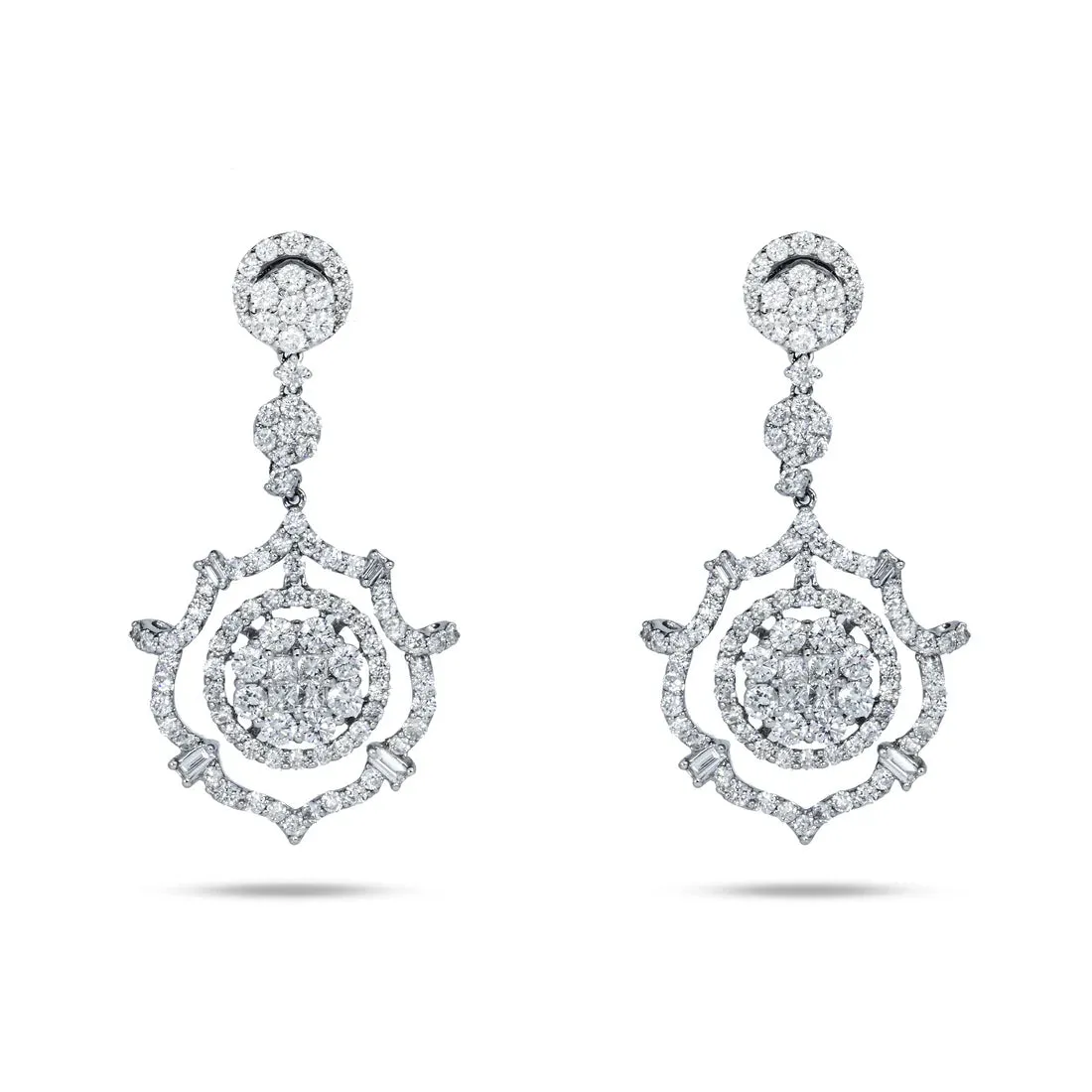 Berlin 5 Carats Round and Baguette Diamond Drop Earrings in 18K White Gold